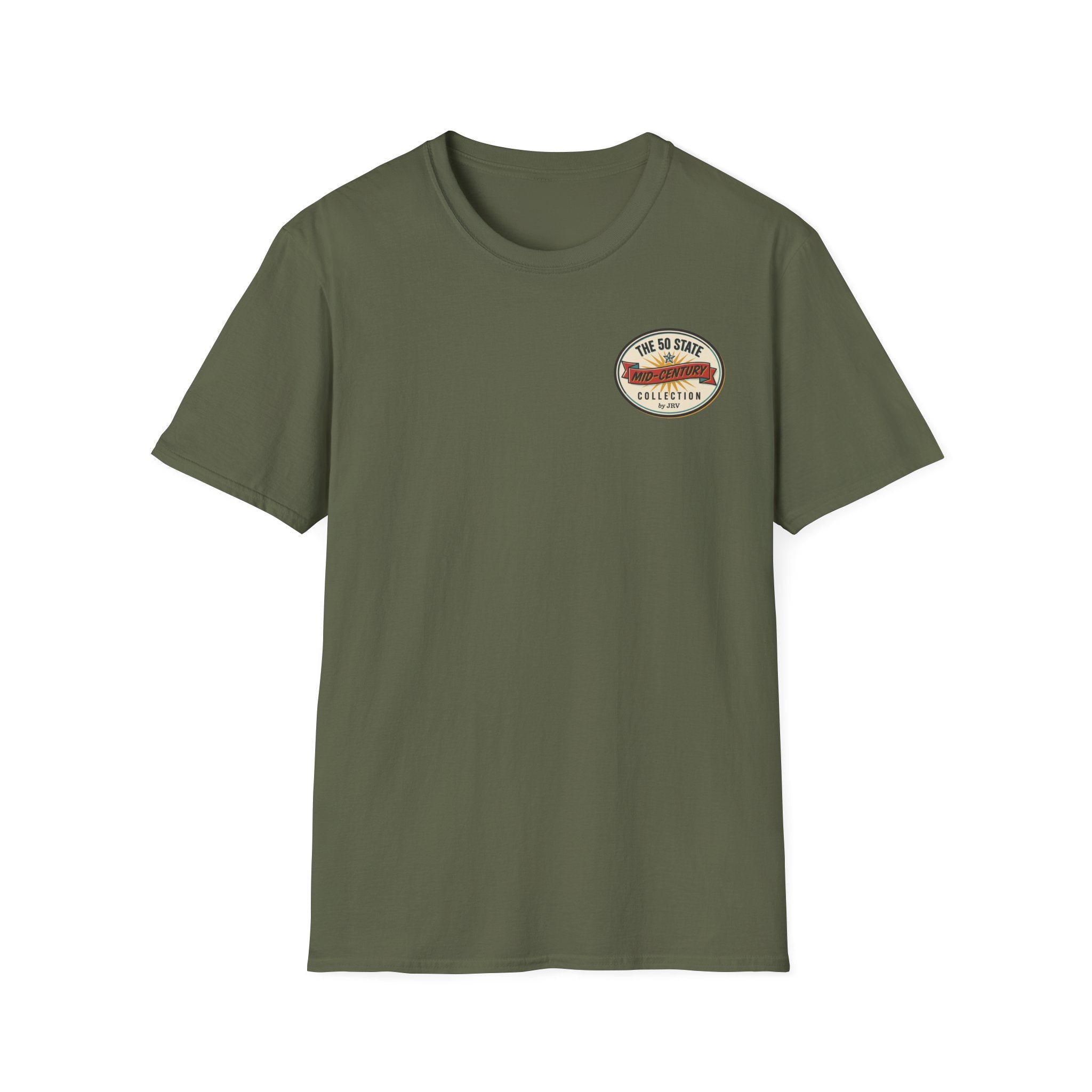 Military green crewneck T-shirt with round chest logo patch on front