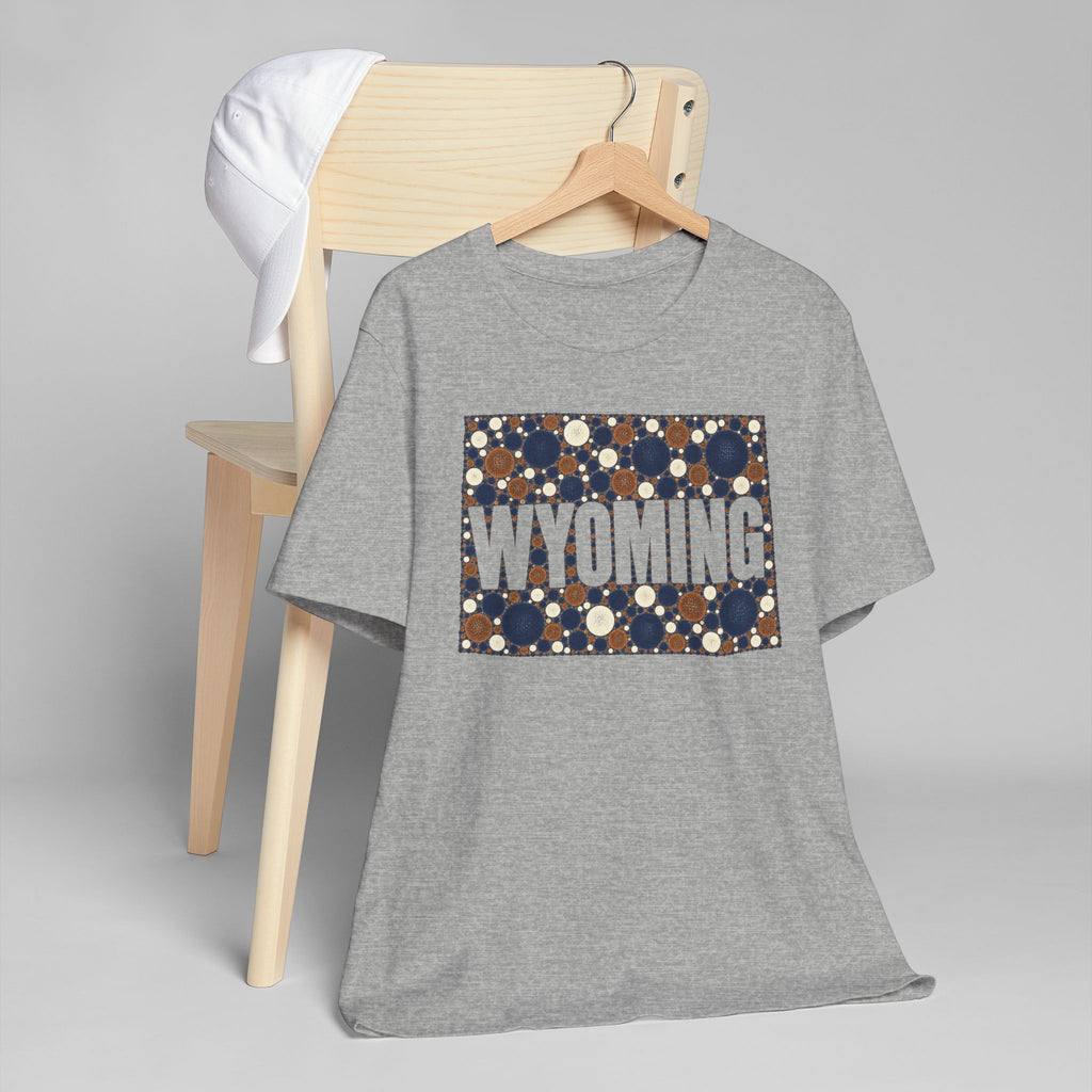 Heather gray T-shirt with navy and brown Wyoming polka-dot map graphic