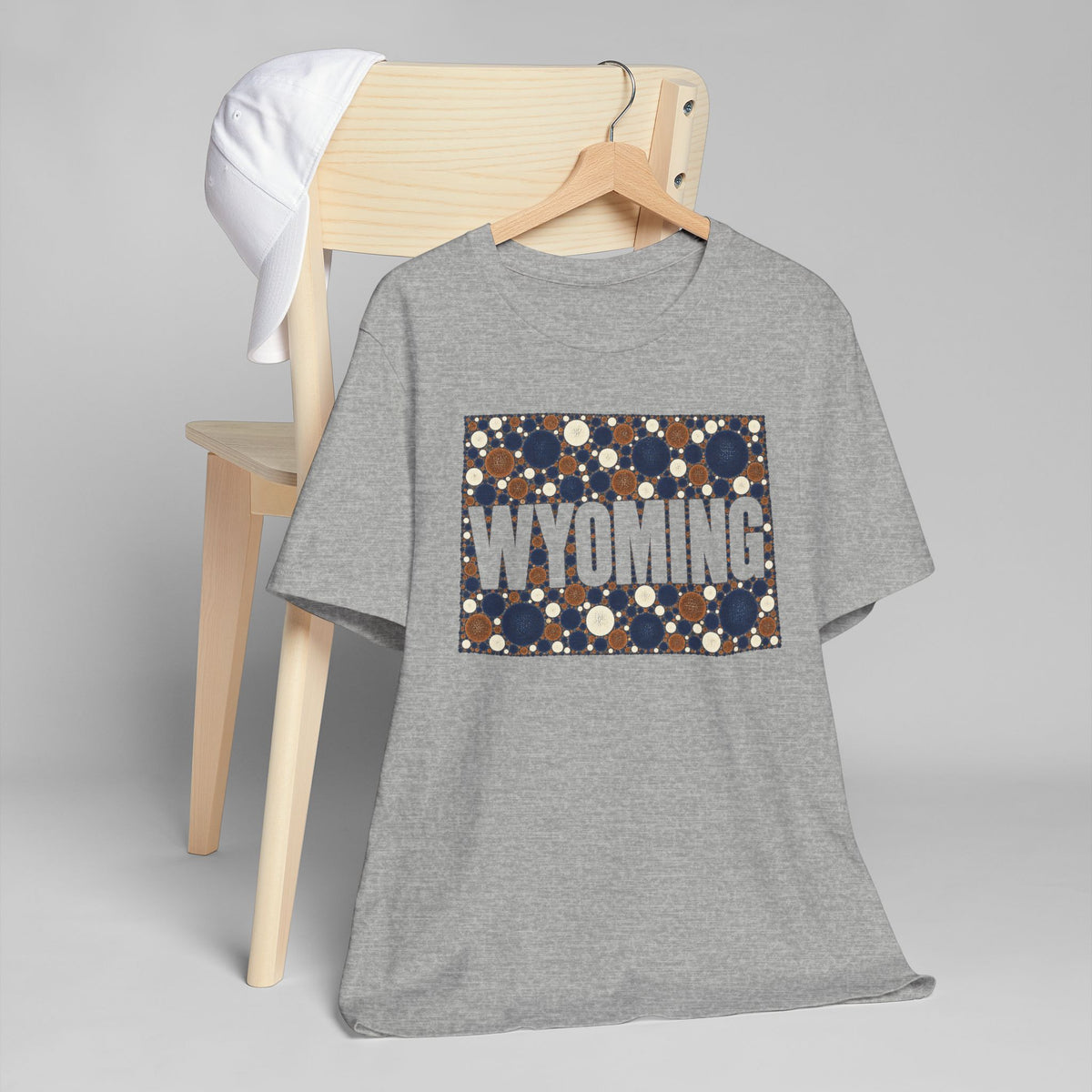 Heather gray T-shirt with navy and brown Wyoming polka-dot map graphic