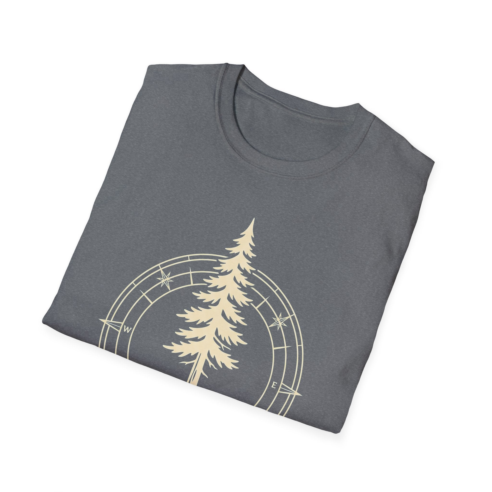 Heather gray t-shirt with compass-and-pine-tree graphic print