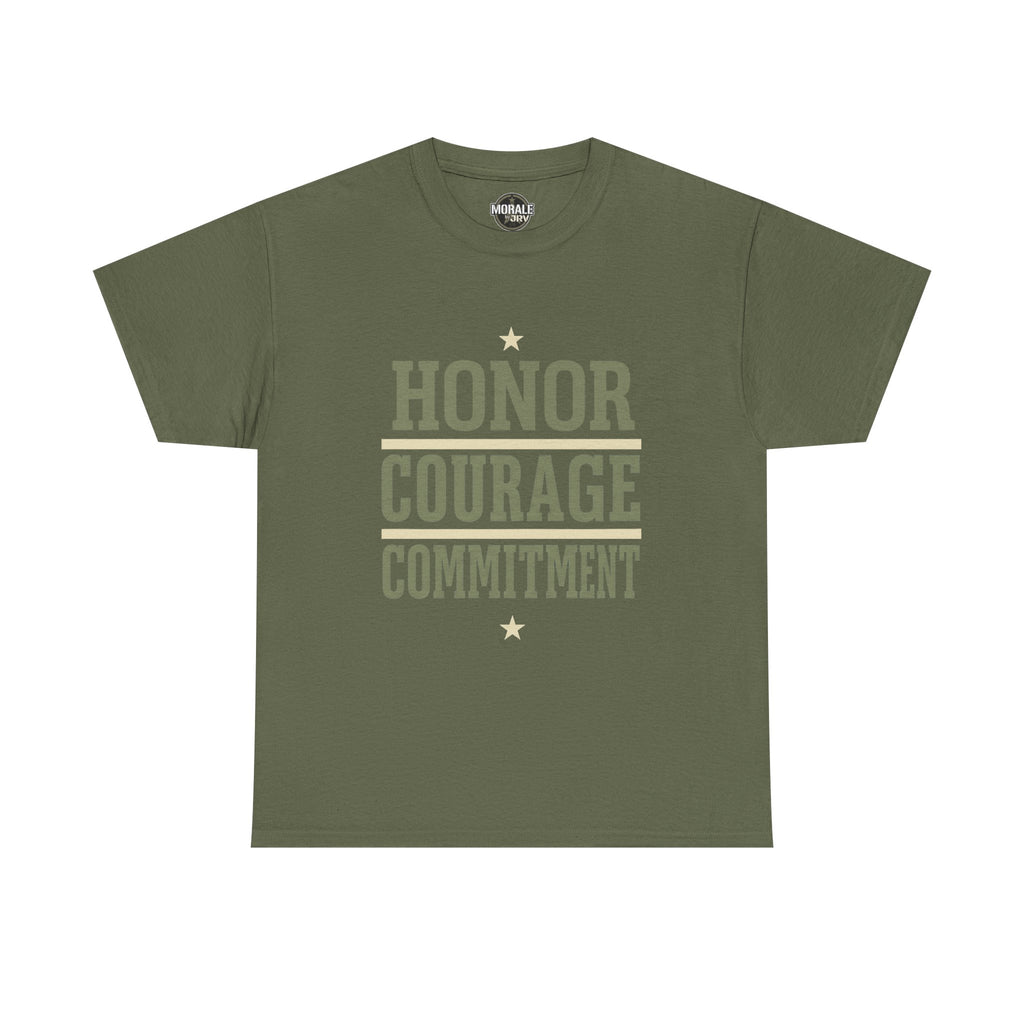 Military green T-shirt with “HONOR COURAGE COMMITMENT” graphic and star accents