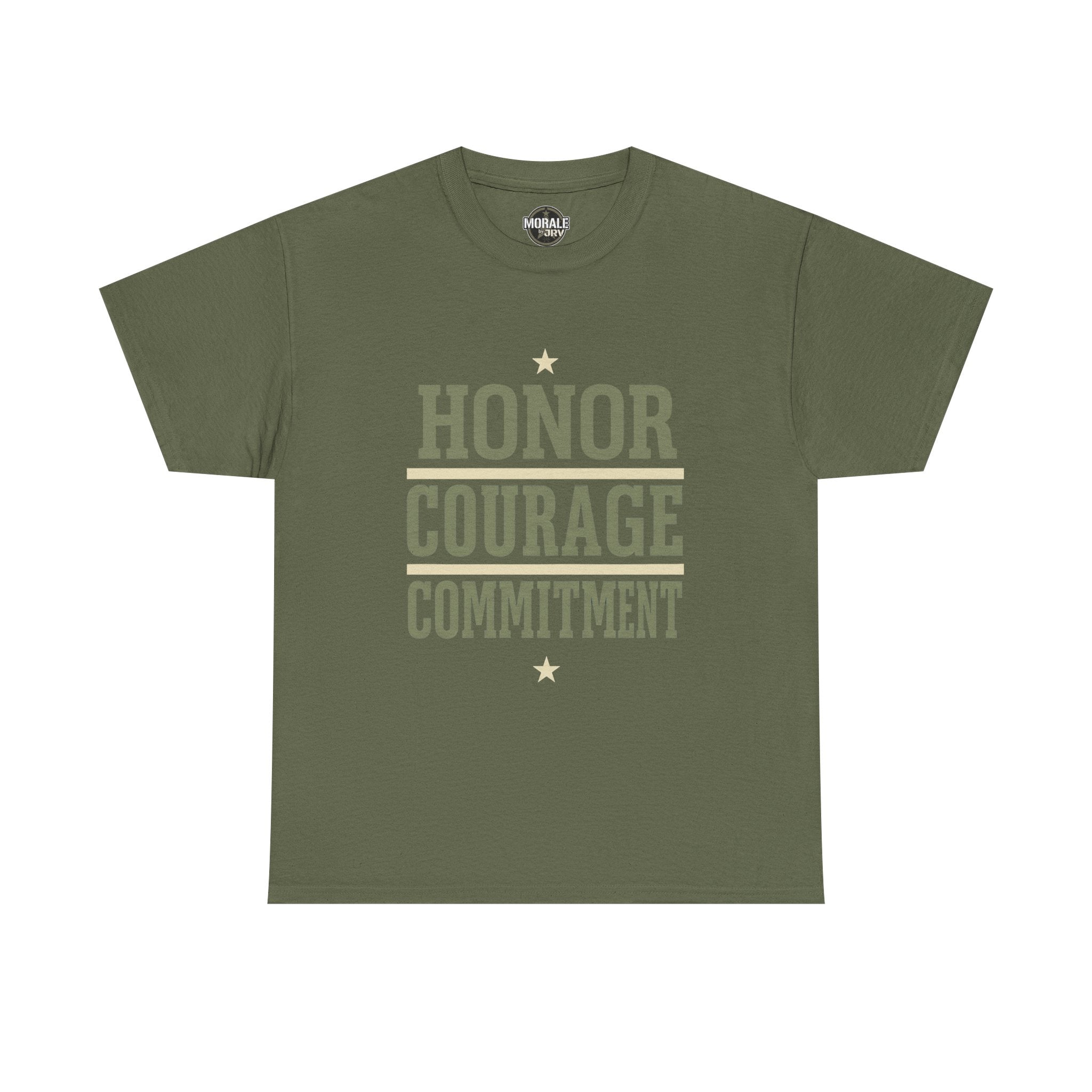 Military green T-shirt with “HONOR COURAGE COMMITMENT” graphic and star accents