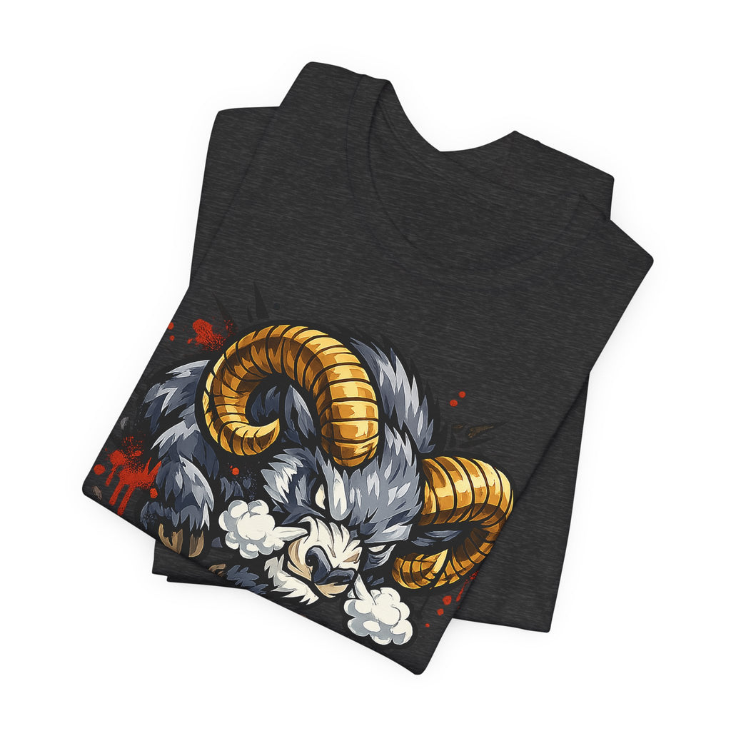 Dark heather unisex t-shirt with charging ram graphic front