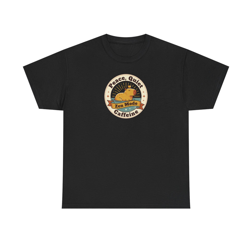 Black crew neck T-shirt with Peace Quiet Caffeine Zen Mode circular emblem