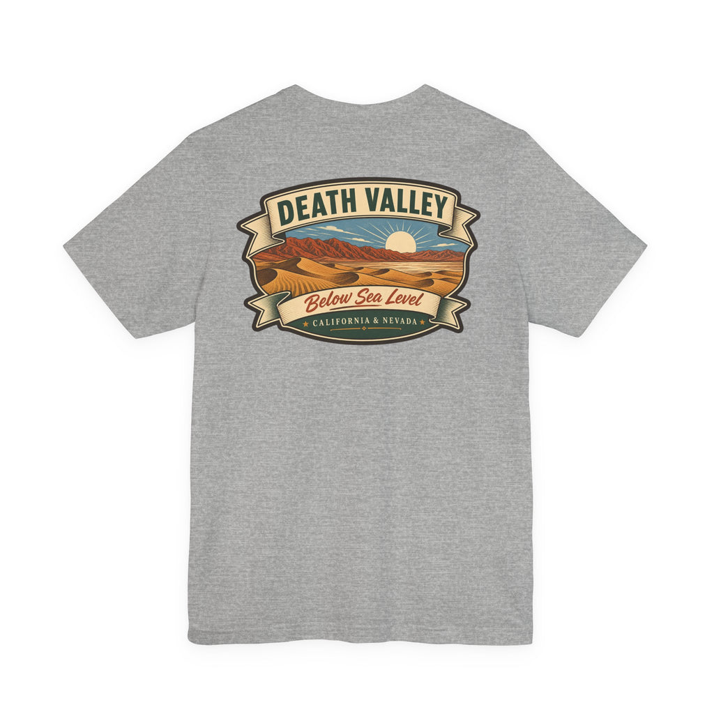 Dark gray heather T-shirt with Death Valley banner landscape graphic across the chest