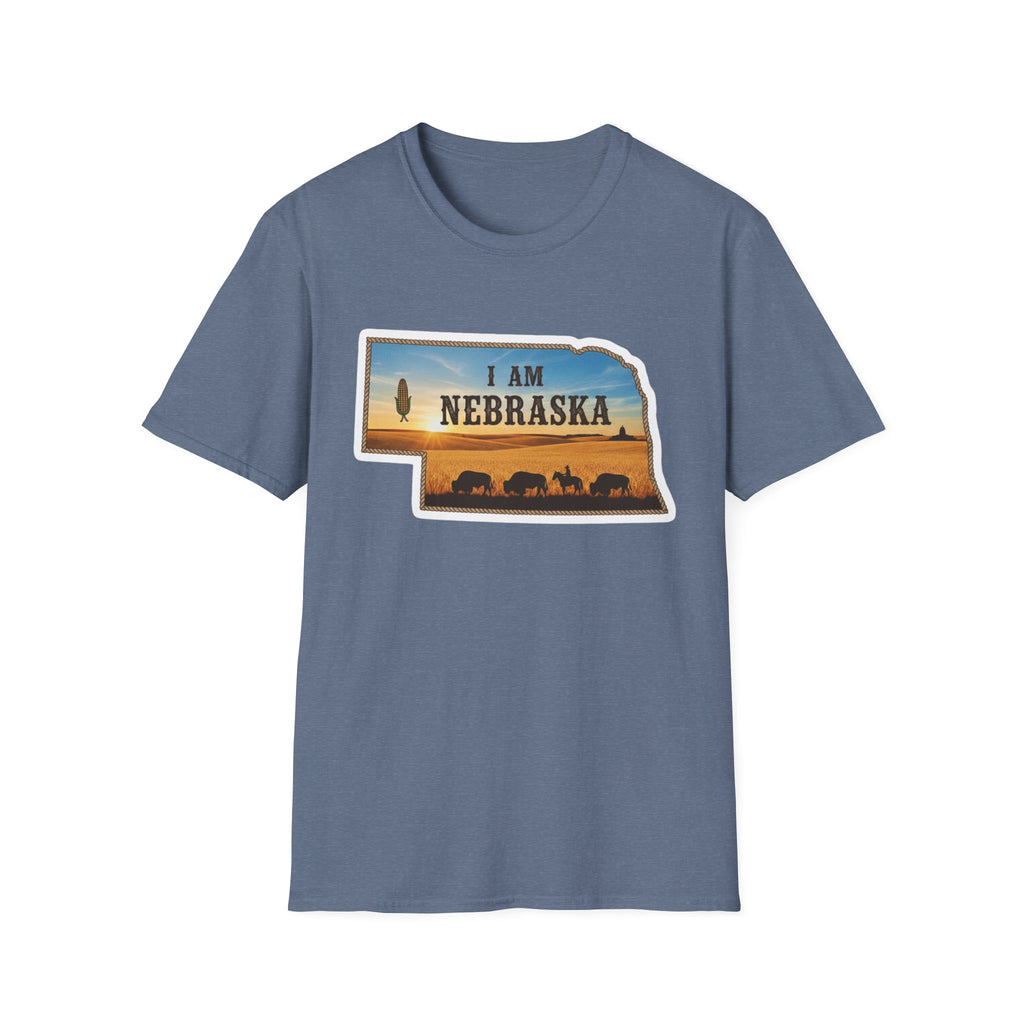 T-Shirt i am Nebraska, hellblau; Nebraska-Sunset-Print mit Kühen vorn