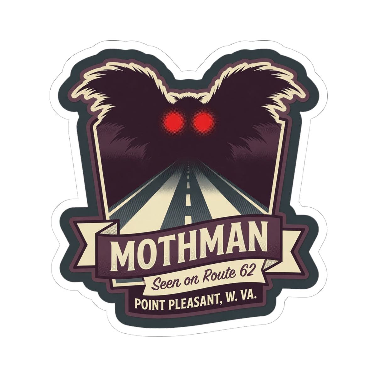 Kiss-cut sticker featuring Mothman with glowing red eyes and a Route 62 road graphic
