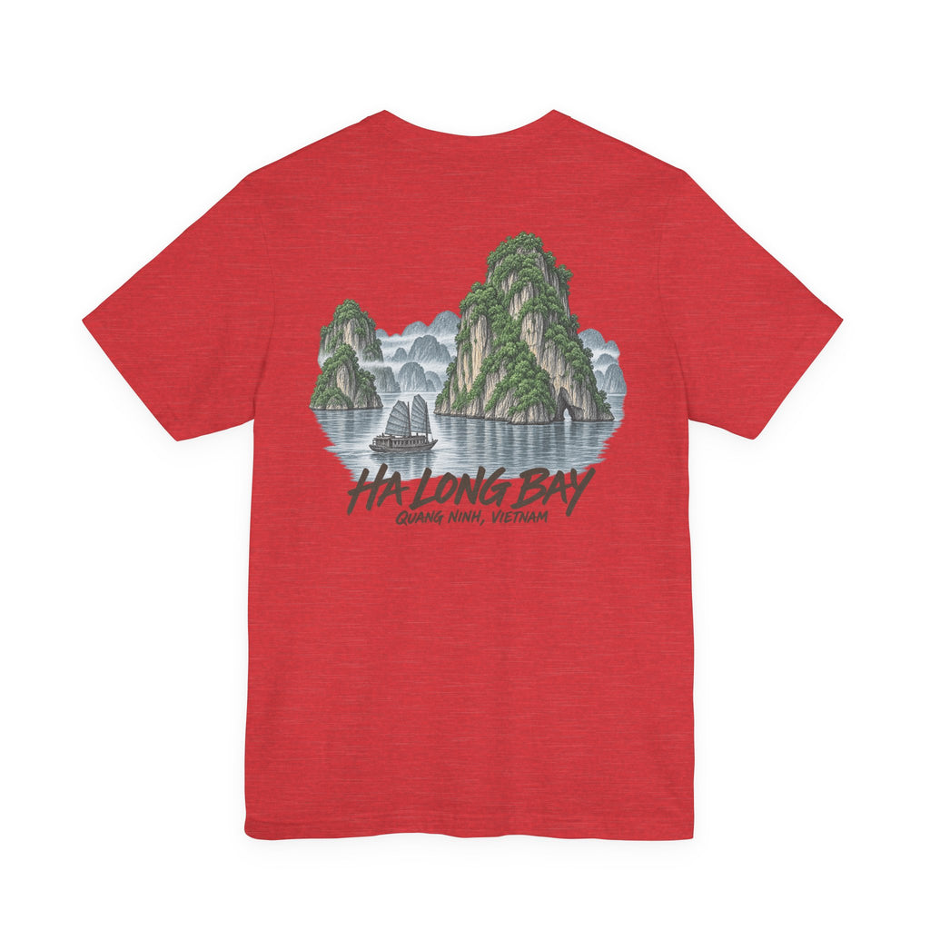 Red travel t-shirt with Ha Long Bay landscape graphic and text on back