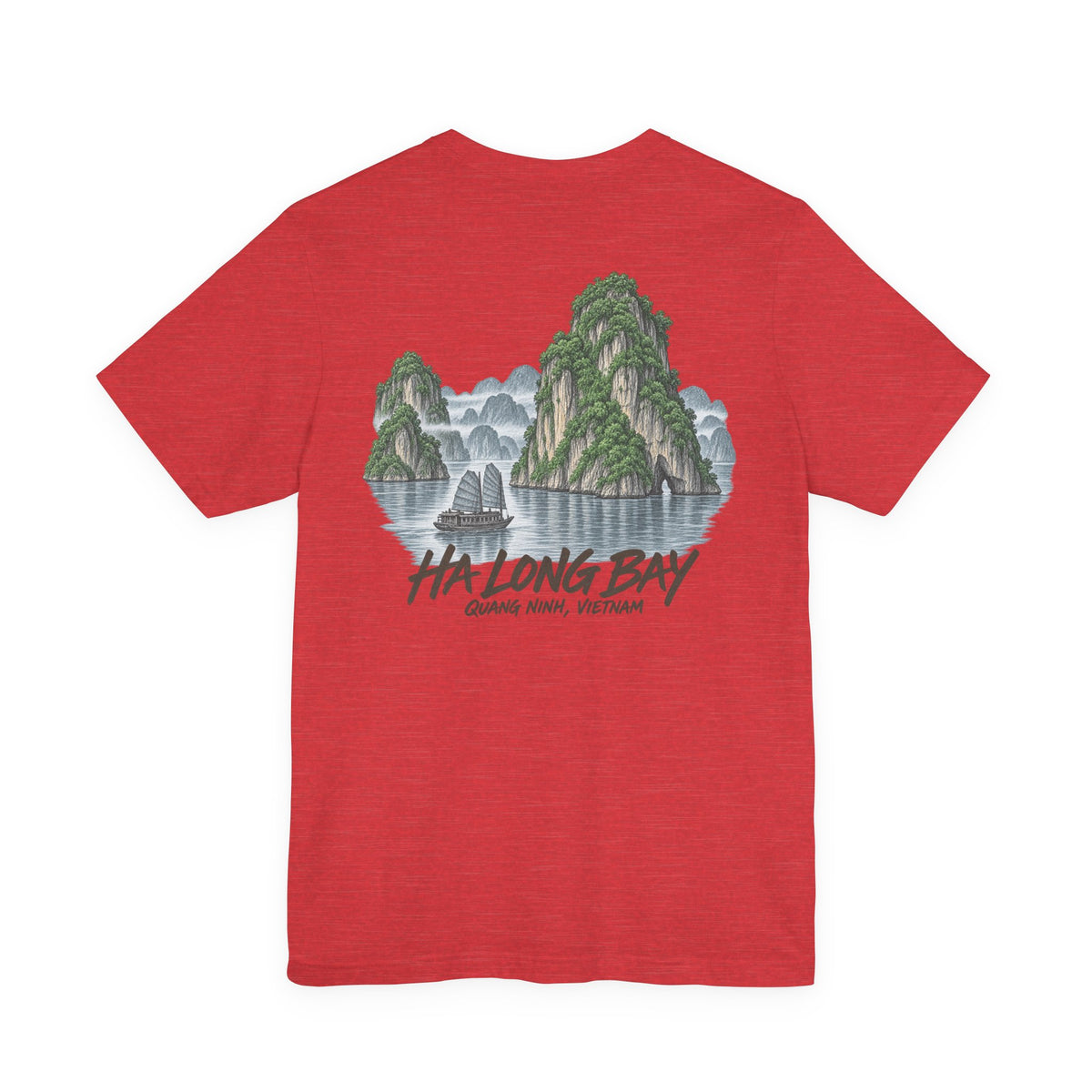 Red travel t-shirt with Ha Long Bay landscape graphic and text on back