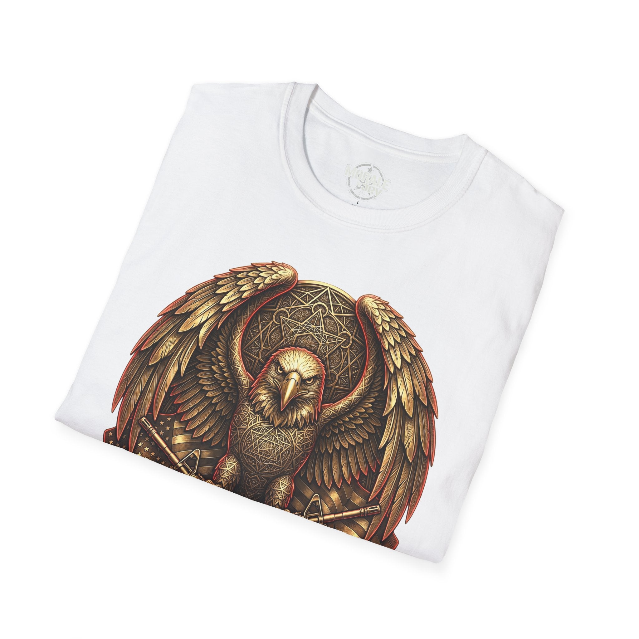 White folded T-shirt with warrior owl shield emblem and crossed axes graphic