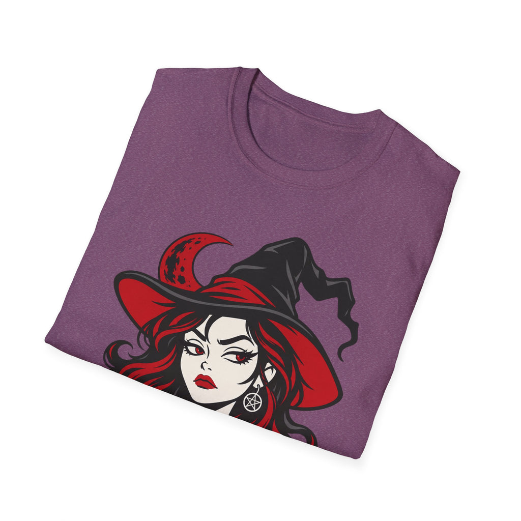 Heather purple crew-neck T-shirt featuring witch face graphic