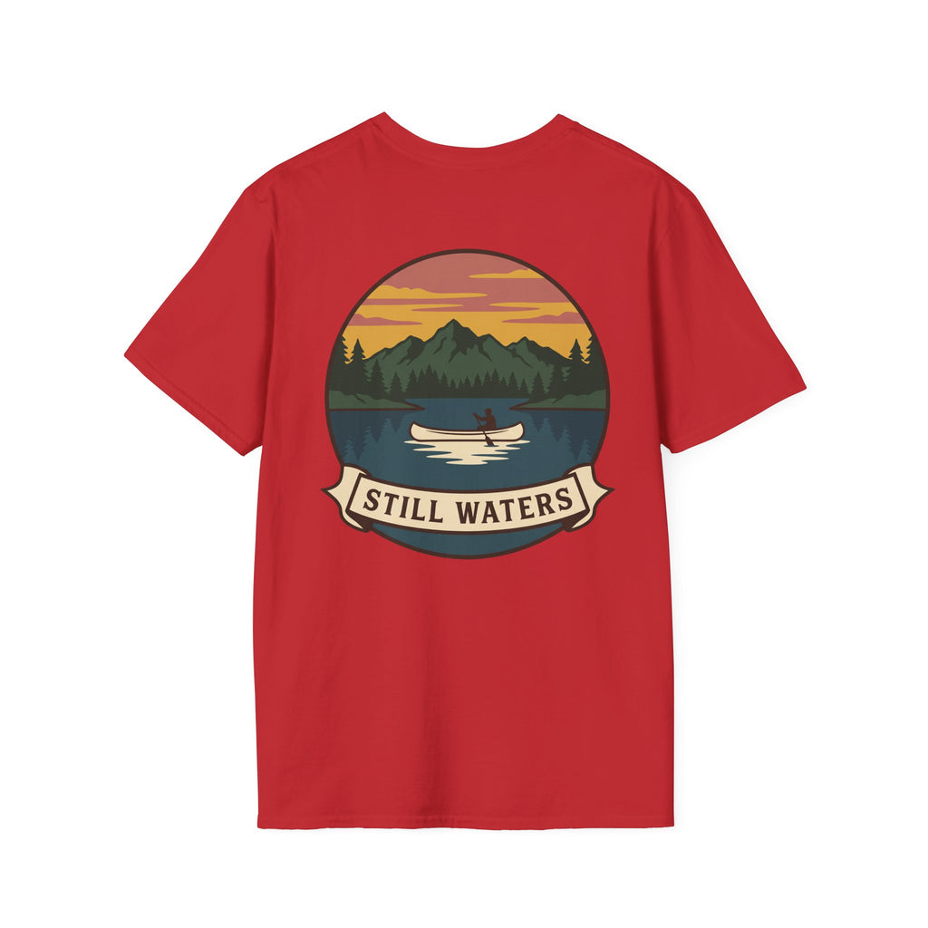 Red T-shirt with sunset lake and “Still Waters” canoe scene graphic