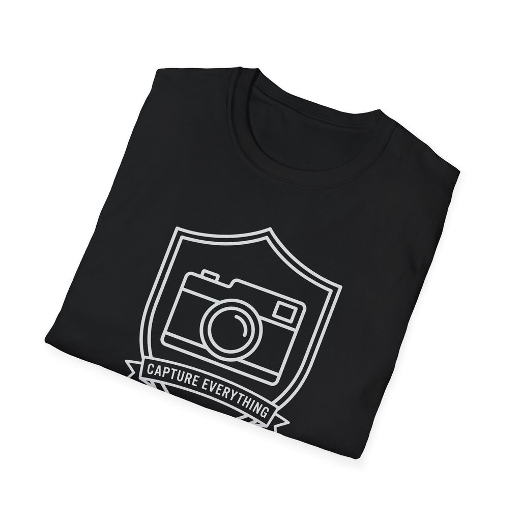 Black T-shirt with folded front graphic of a camera in a shield and banner