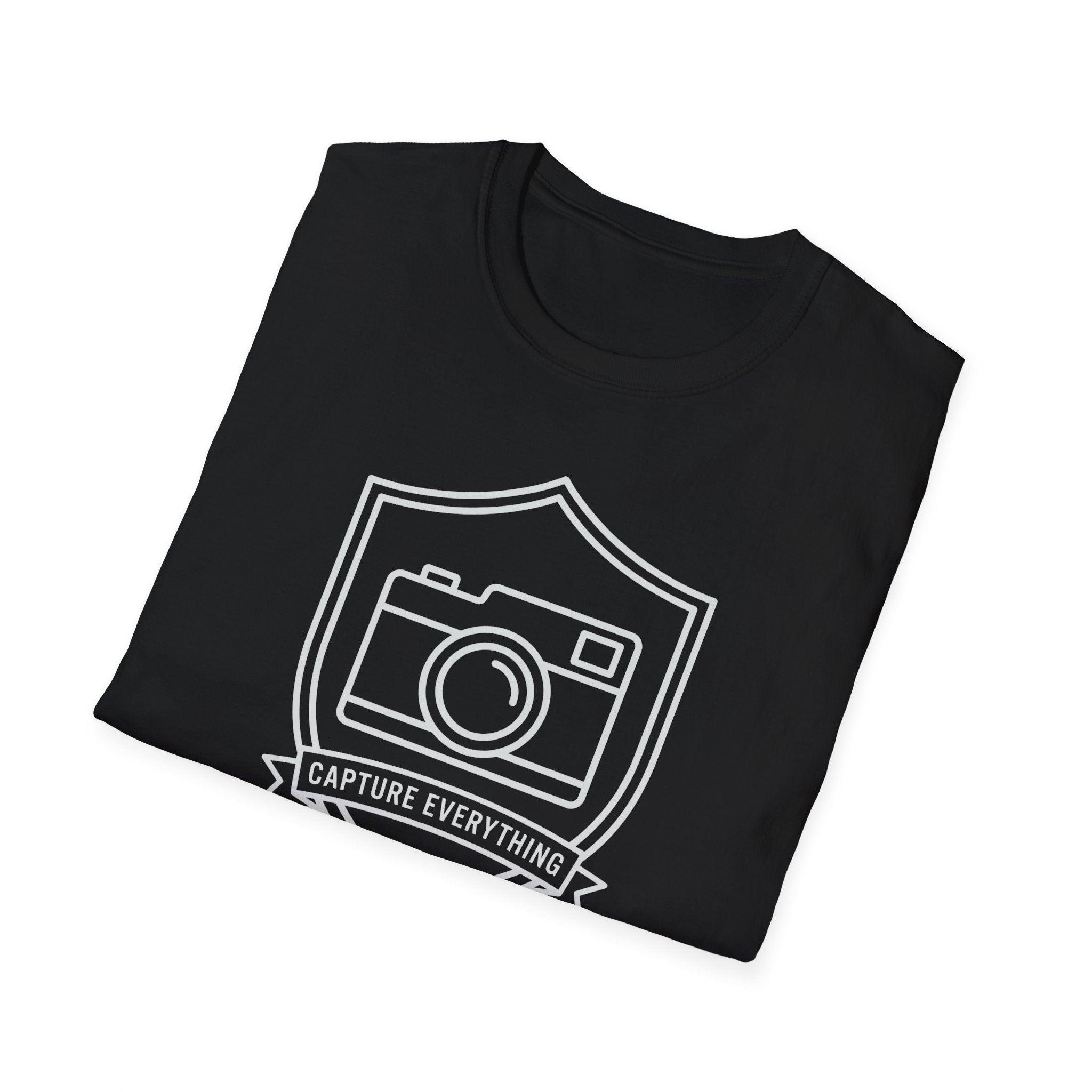 Black T-shirt with folded front graphic of a camera in a shield and banner