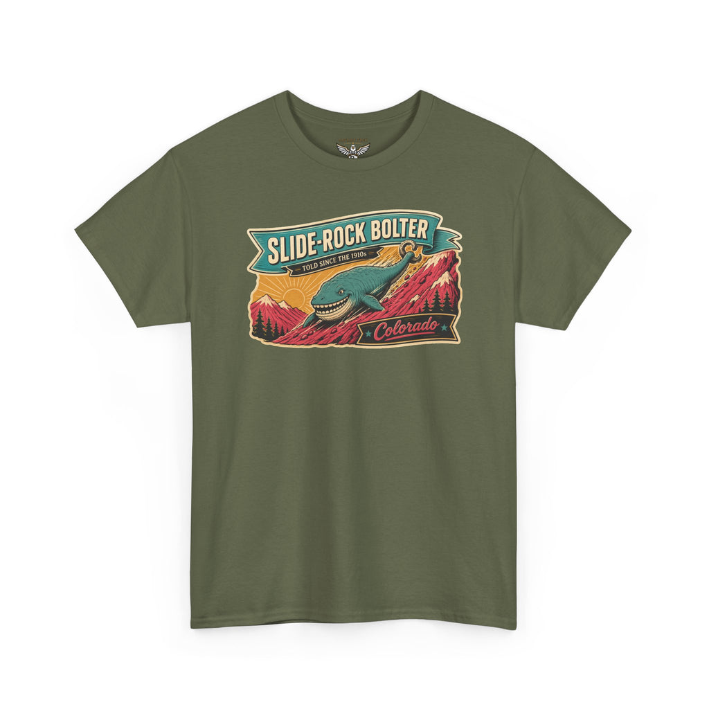 Olive green crewneck T-shirt with colorful Slide-Rock Bolter train graphic on chest