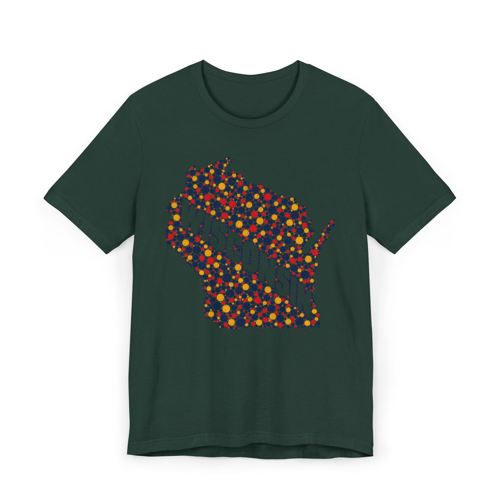 Dark green Wisconsin map graphic t-shirt with colorful floral dot design