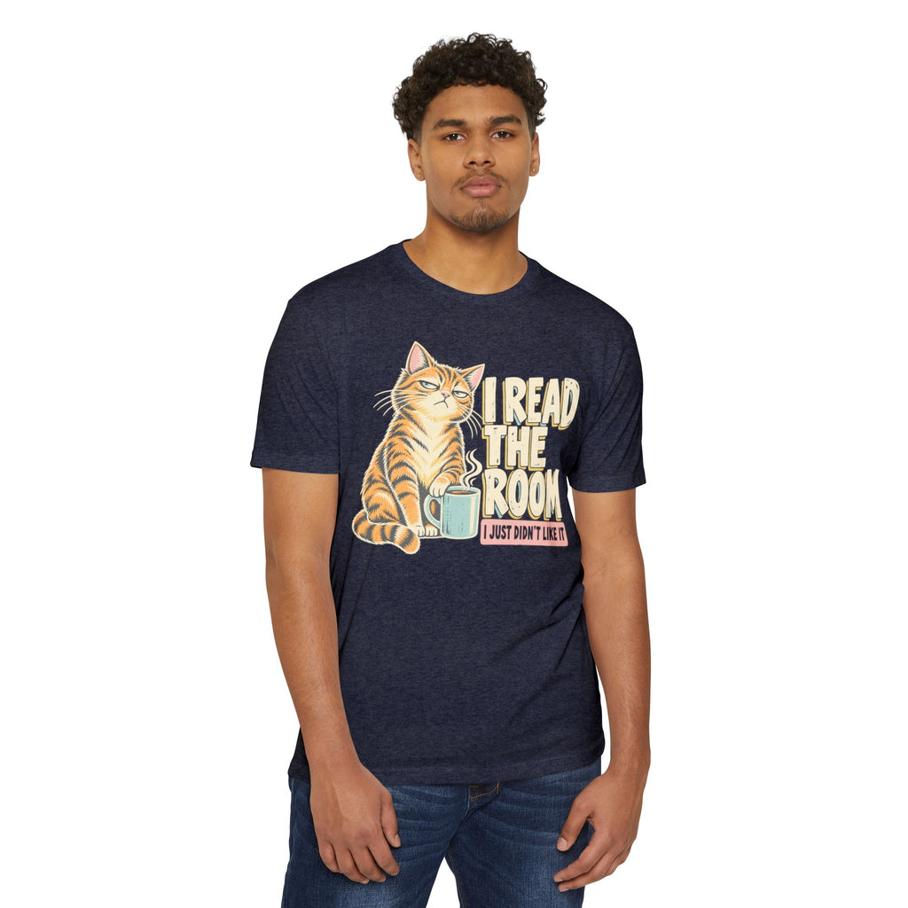 Dark navy cat graphic t-shirt front with tiger cat and 'I READ THE ROOM'