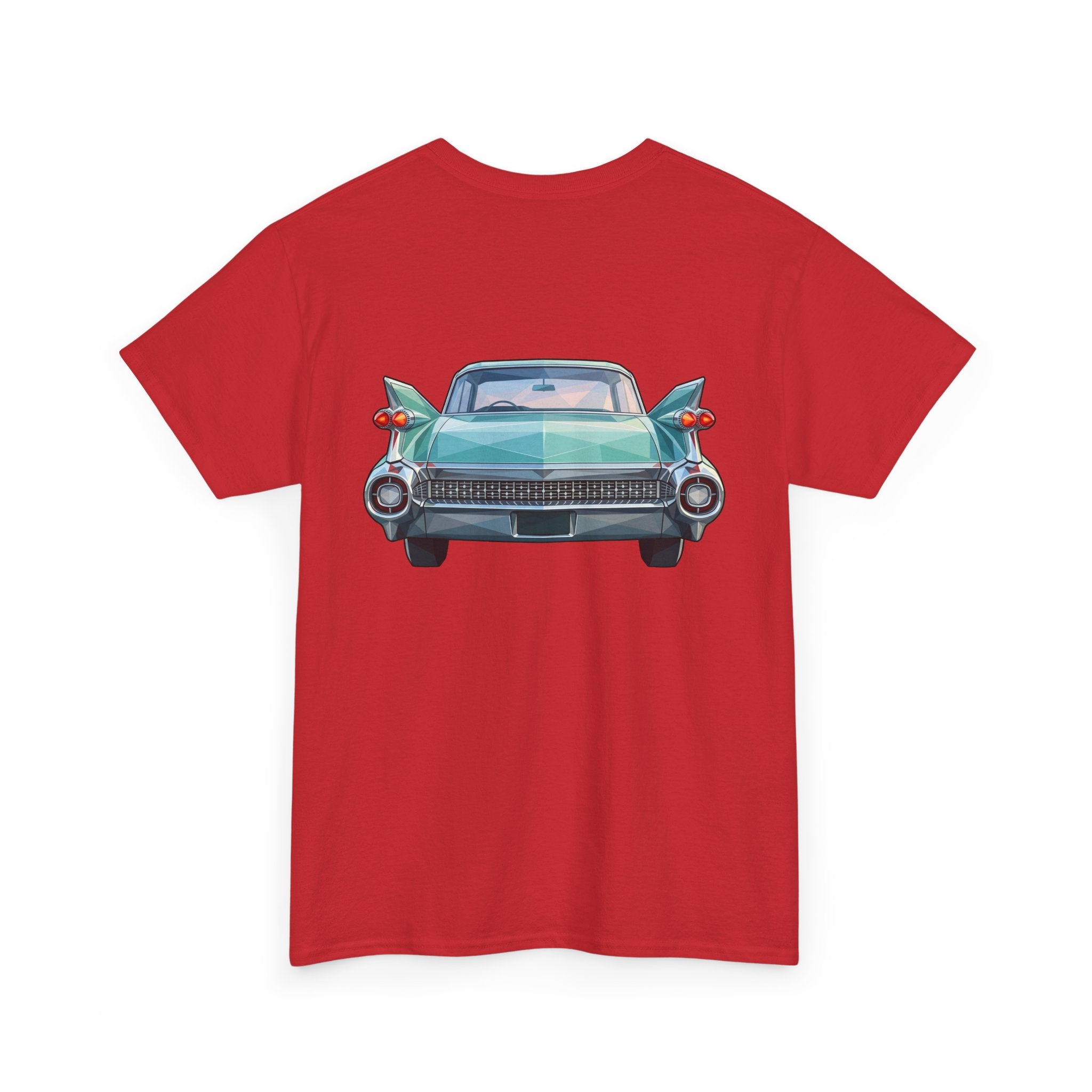 Red crew neck T-shirt with teal vintage car illustration centered on front