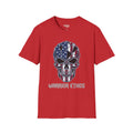 American Flag Skull Warrior Ethos T-Shirt, red with patriotic skull graphic