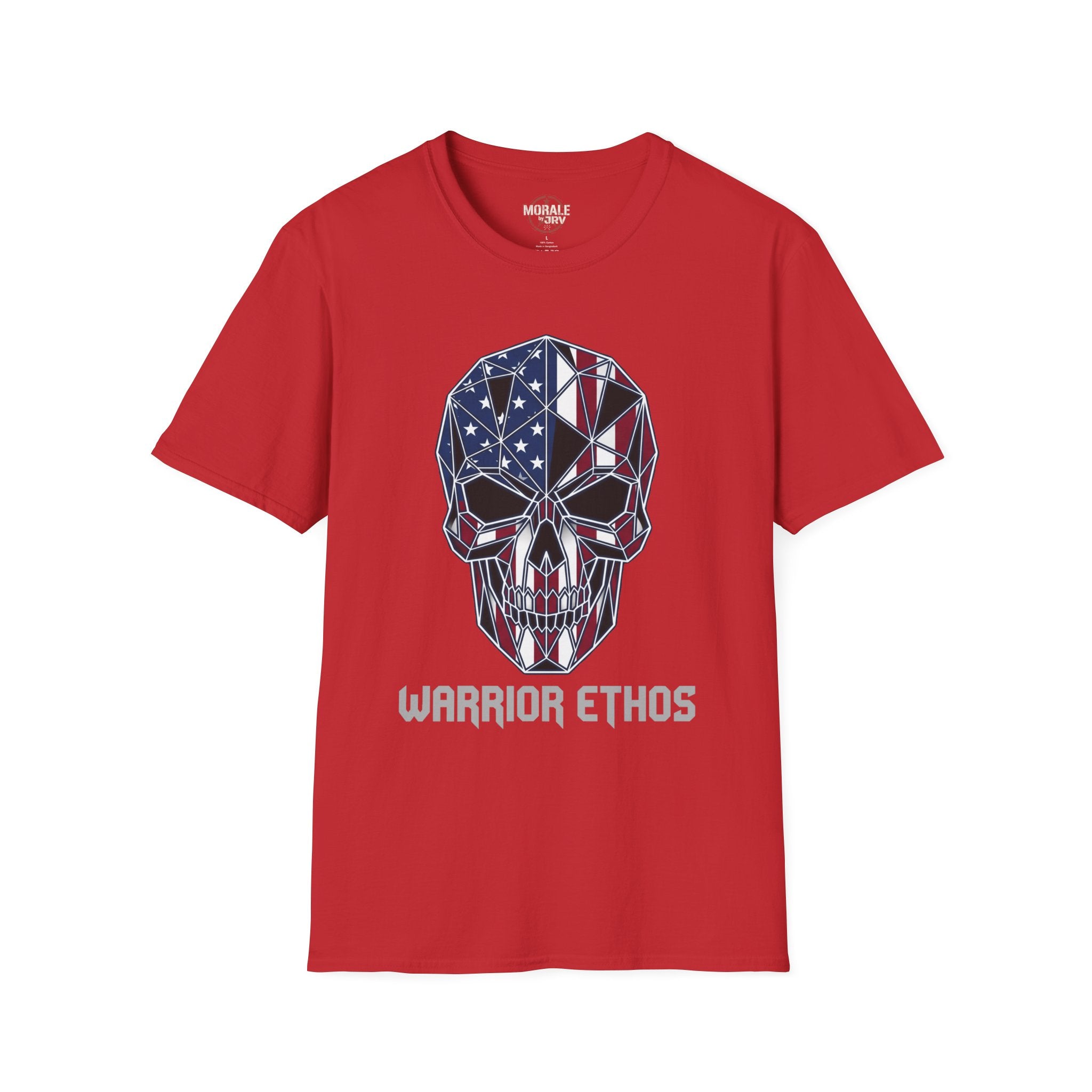 American Flag Skull Warrior Ethos T-Shirt, red with patriotic skull graphic