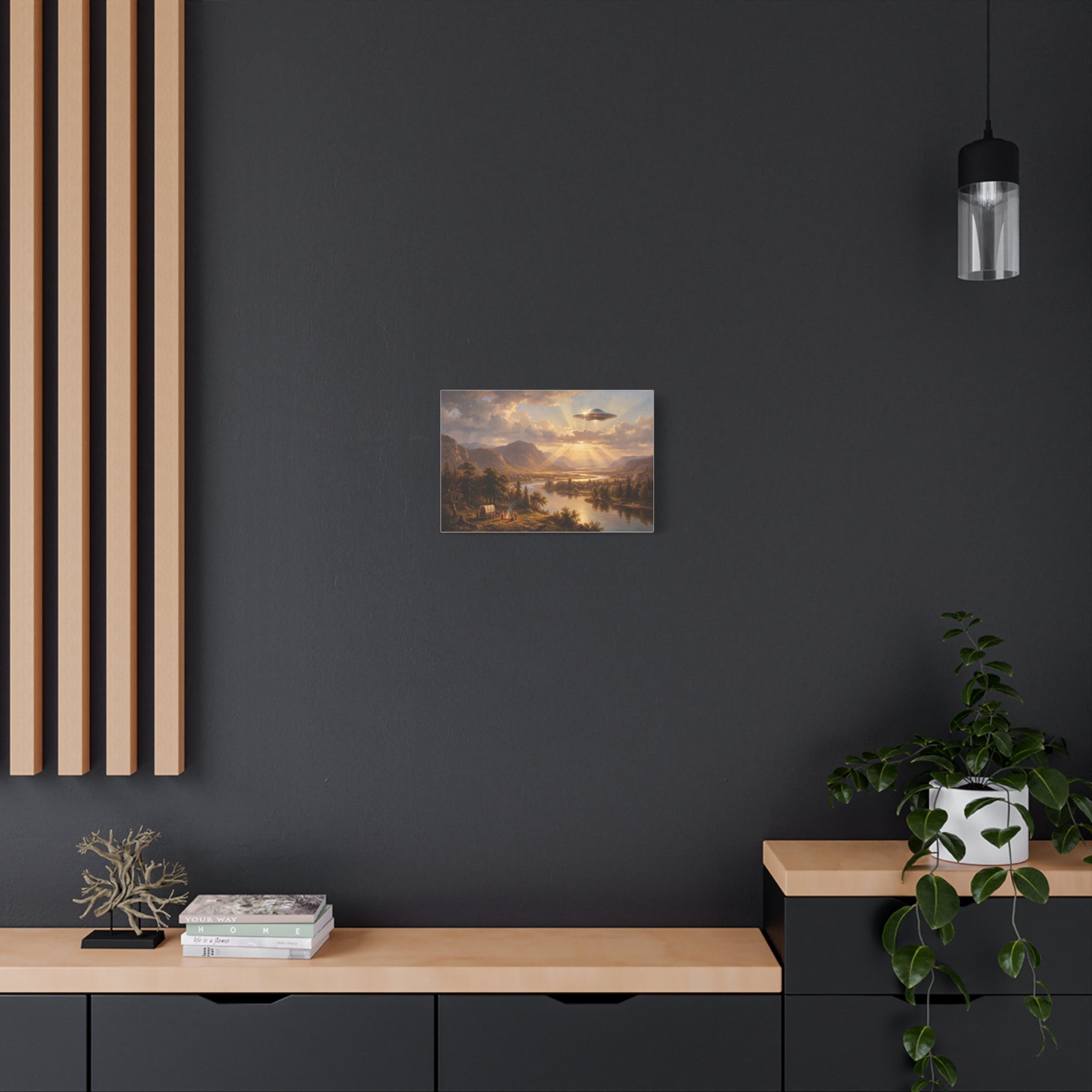 Small landscape canvas art featuring a river valley, trees, and a glowing UFO