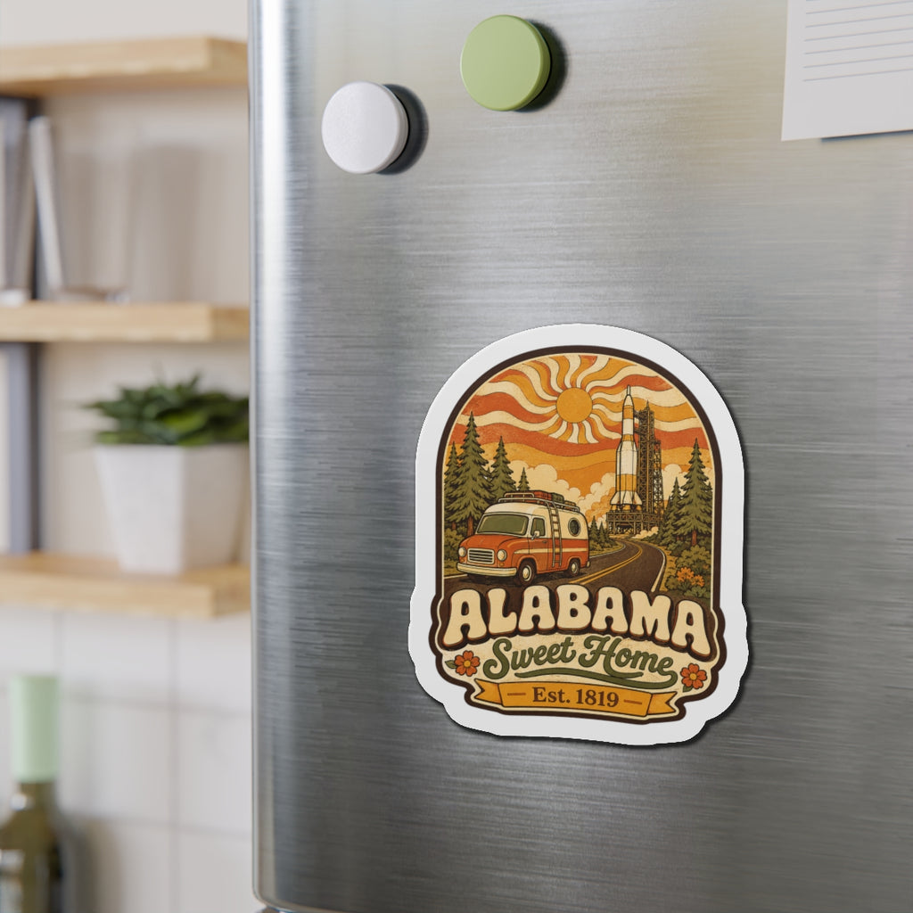 Die-cut Alabama Sweet Home magnet with orange van on forest road and rocket tower