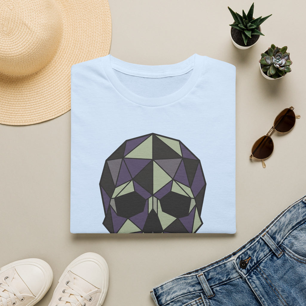 Light blue T-shirt with geometric low-poly skull graphic on the front