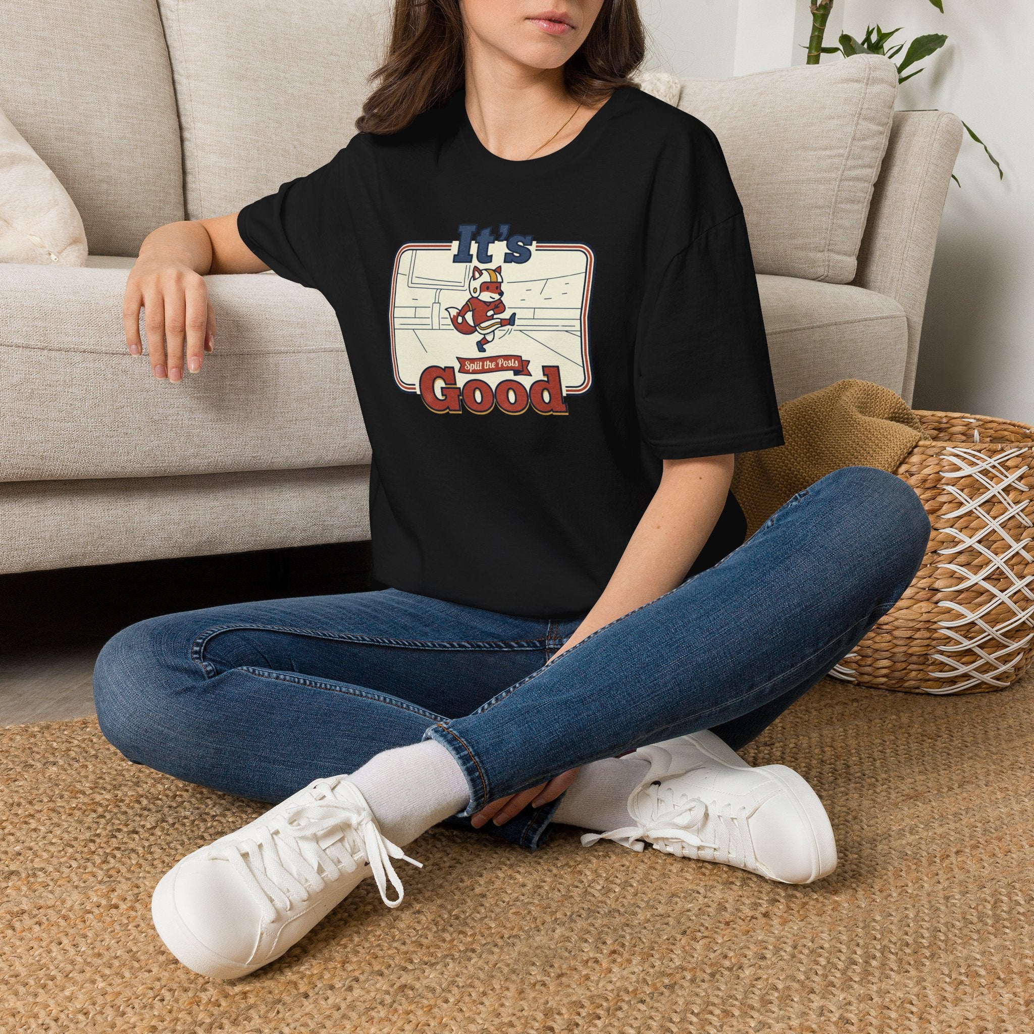 Black T-shirt on model with retro fox skateboard graphic and text “It’s Good” front
