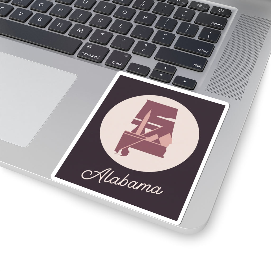Alabama mauve logo sticker with 'Alabama' script text, cream circle, dark background, white outline