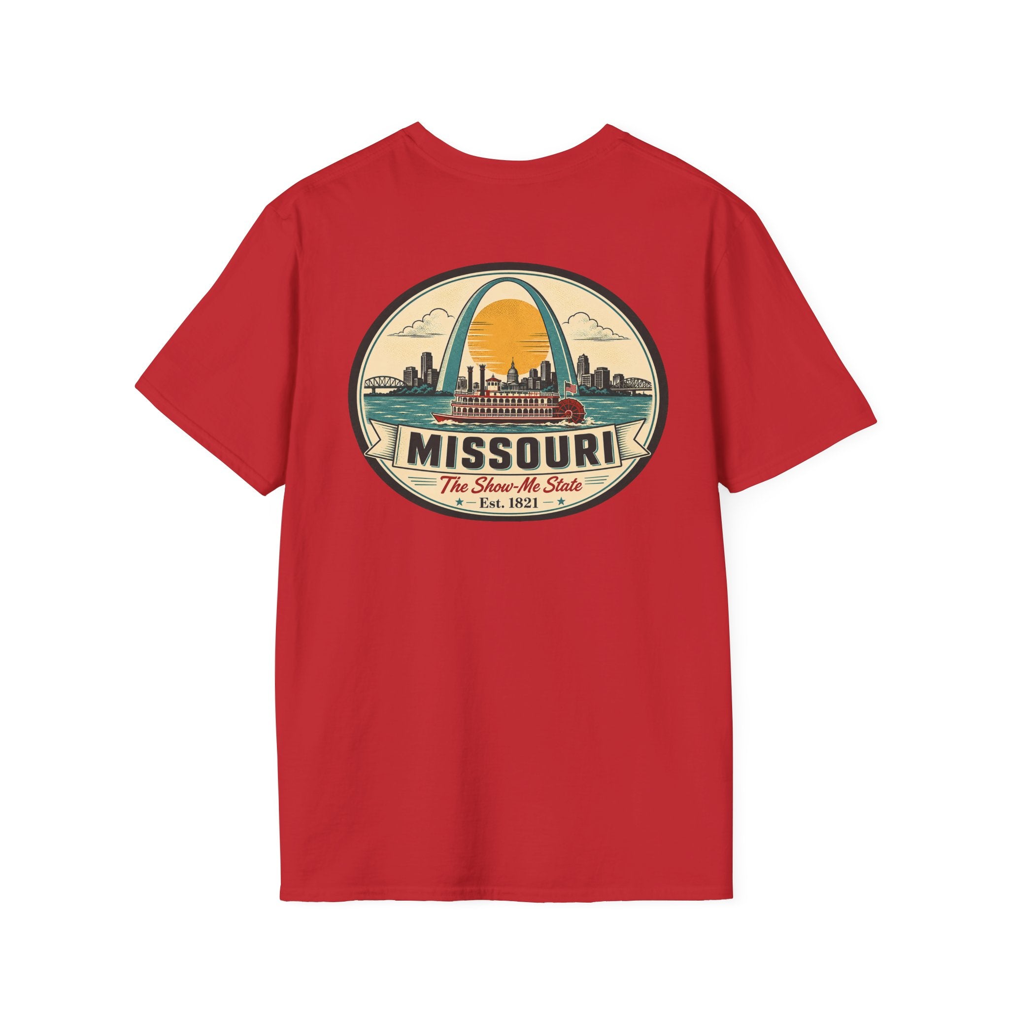 Missouri T-shirt in red with circular arch graphic and “Missouri” text