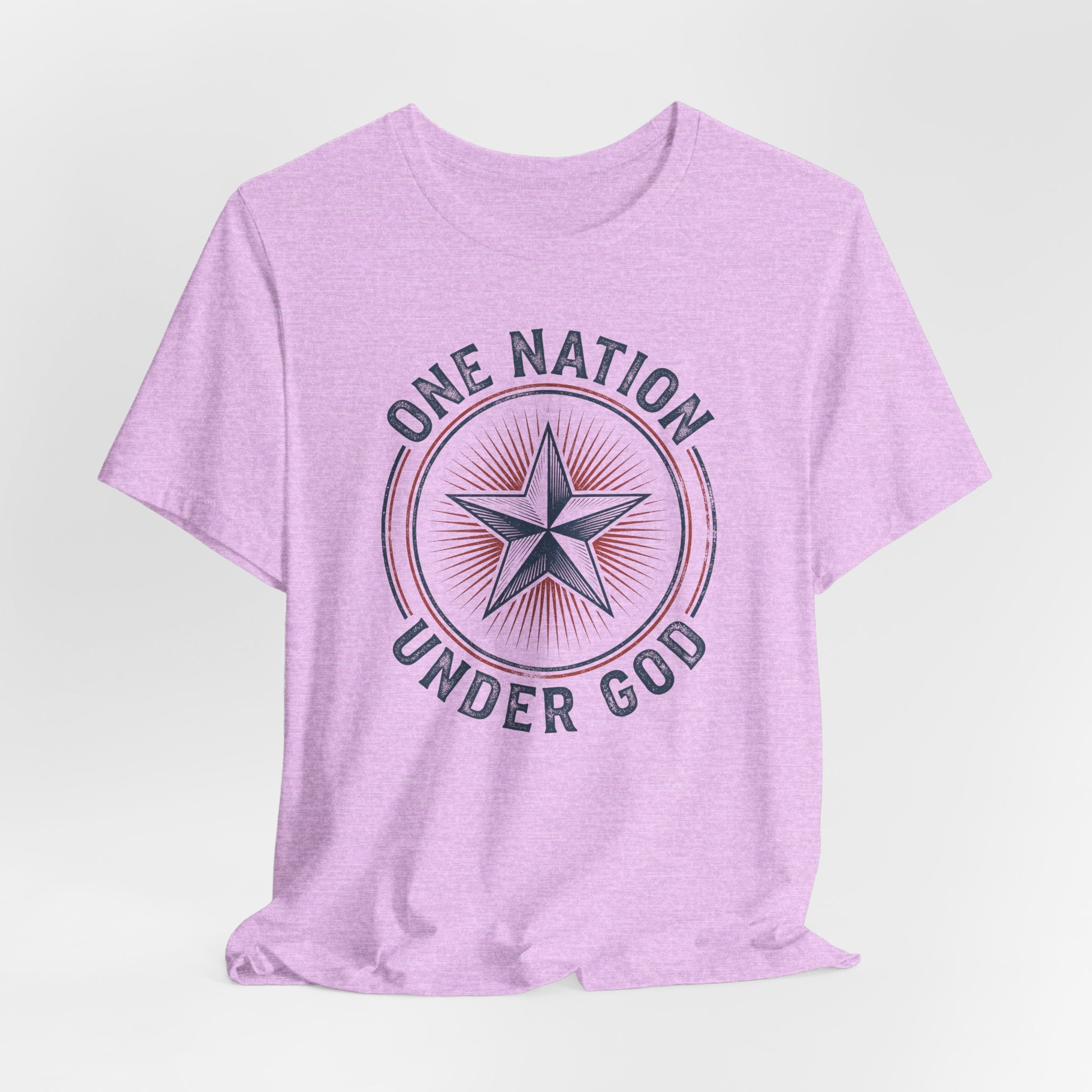 Lilac T-shirt with circular star emblem and arched 'ONE NATION UNDER GOD' text