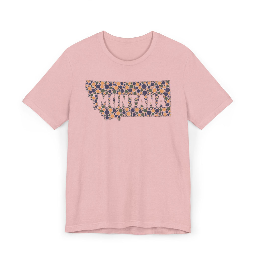 Pink crewneck t-shirt with “MONTANA” mosaic floral outline graphic on front.
