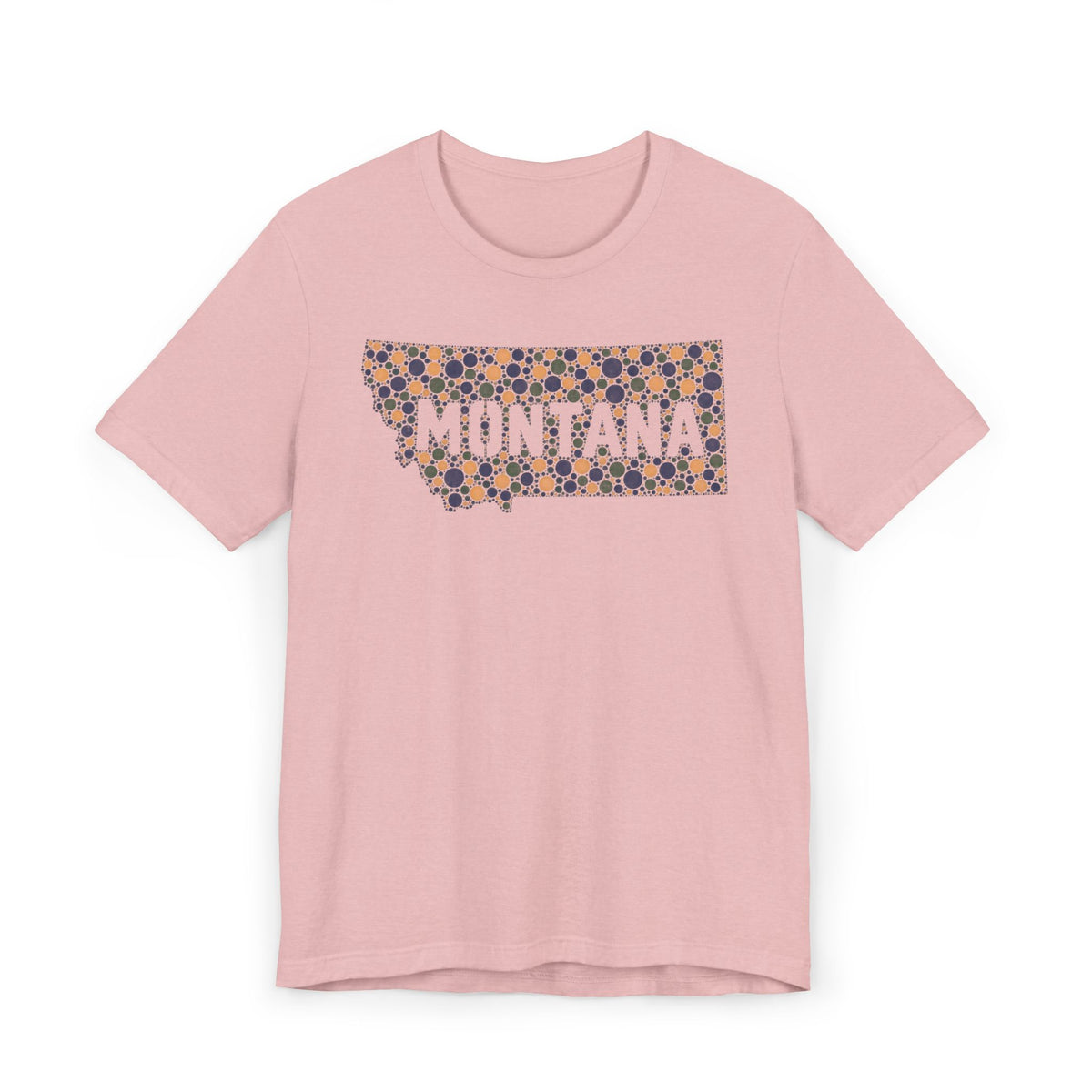 Pink crewneck t-shirt with “MONTANA” mosaic floral outline graphic on front.