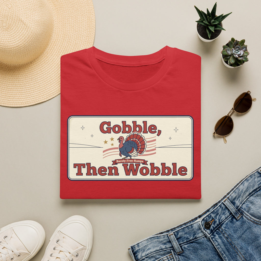 Red T-shirt with retro turkey “Gobble Then Wobble” graphic on the front