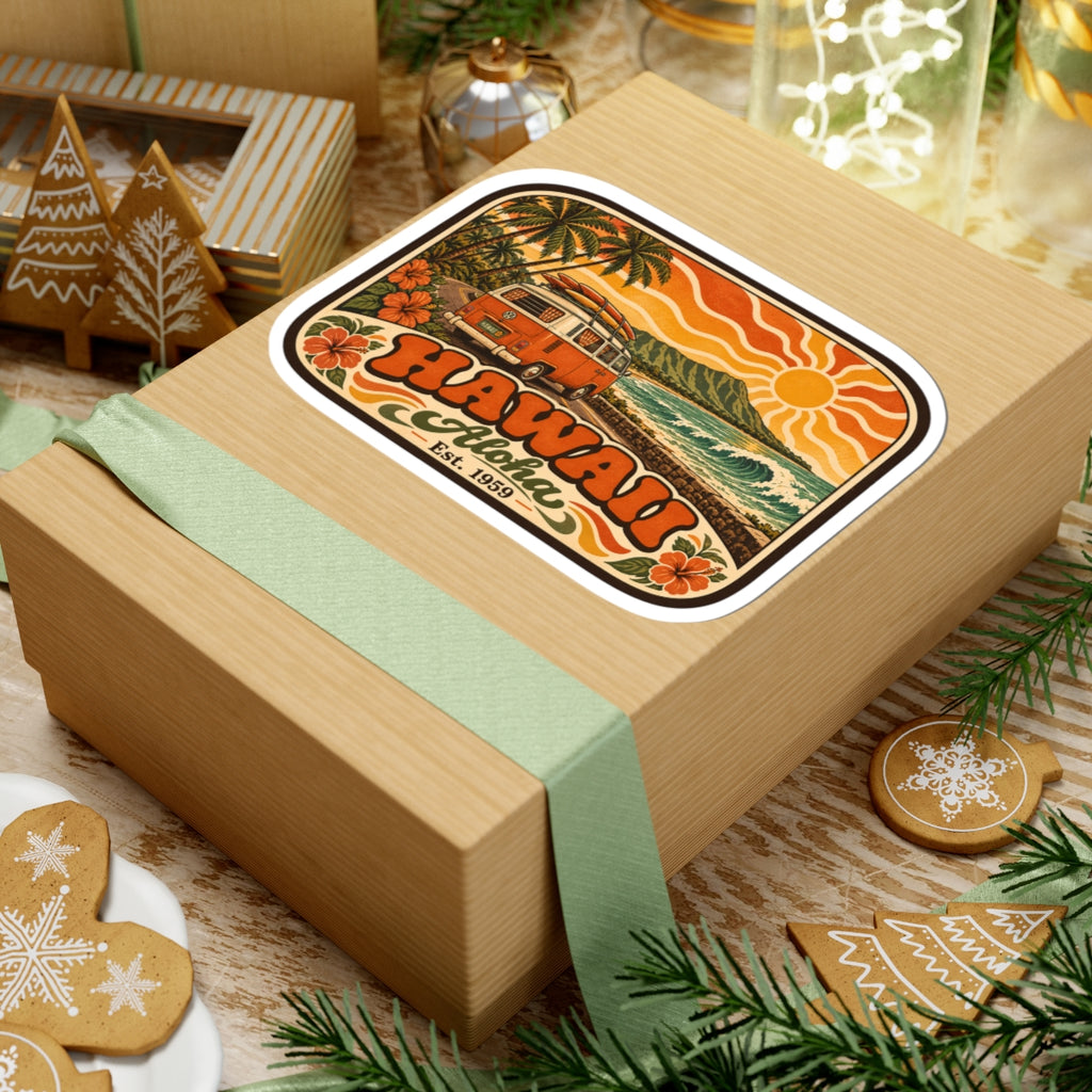 Kiss-cut rectangular sticker featuring Hawaii Aloha Est. 1959 text, orange camper van and surf scenery