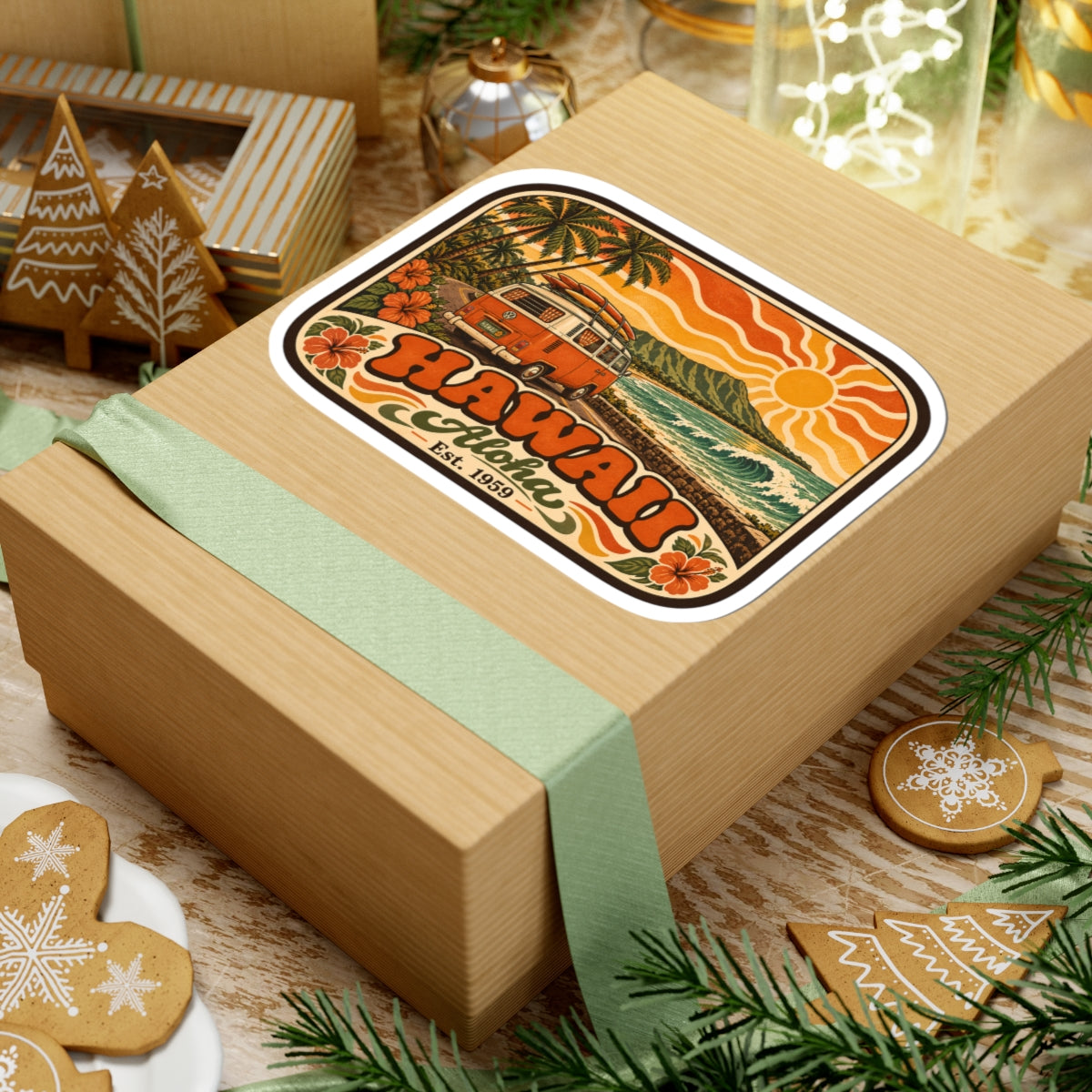 Kiss-cut rectangular sticker featuring Hawaii Aloha Est. 1959 text, orange camper van and surf scenery