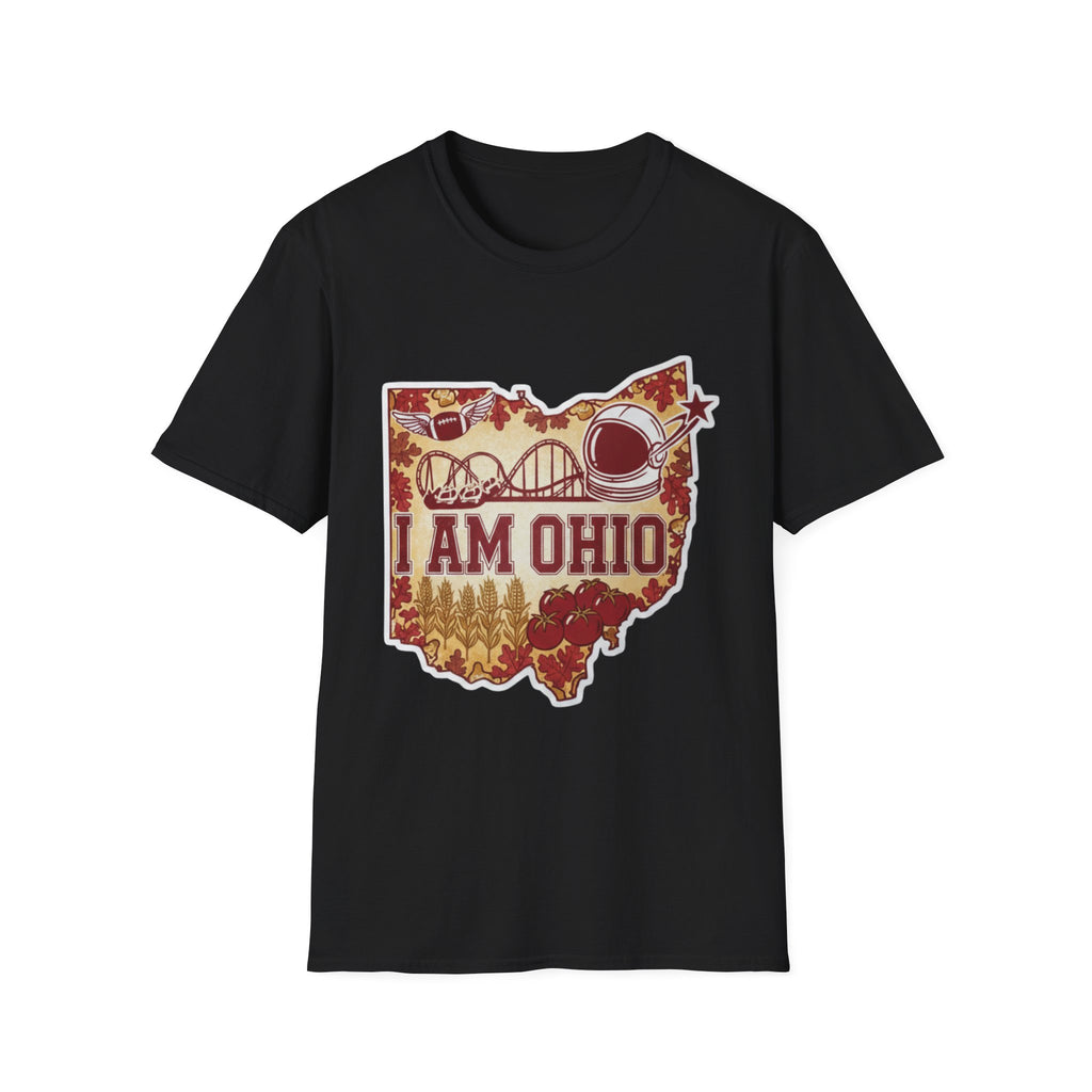 I Am Ohio T-Shirt, schwarzes Shirt mit „I AM OHIO“ Karten-Grafik und Raketensymbol