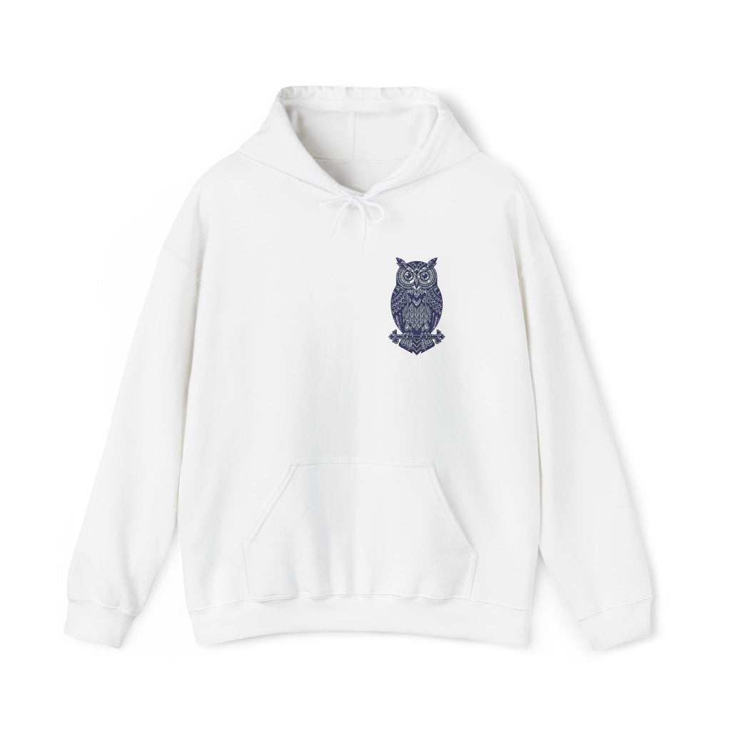 White unisex hoodie with blue owl chest print and front pouch pocket