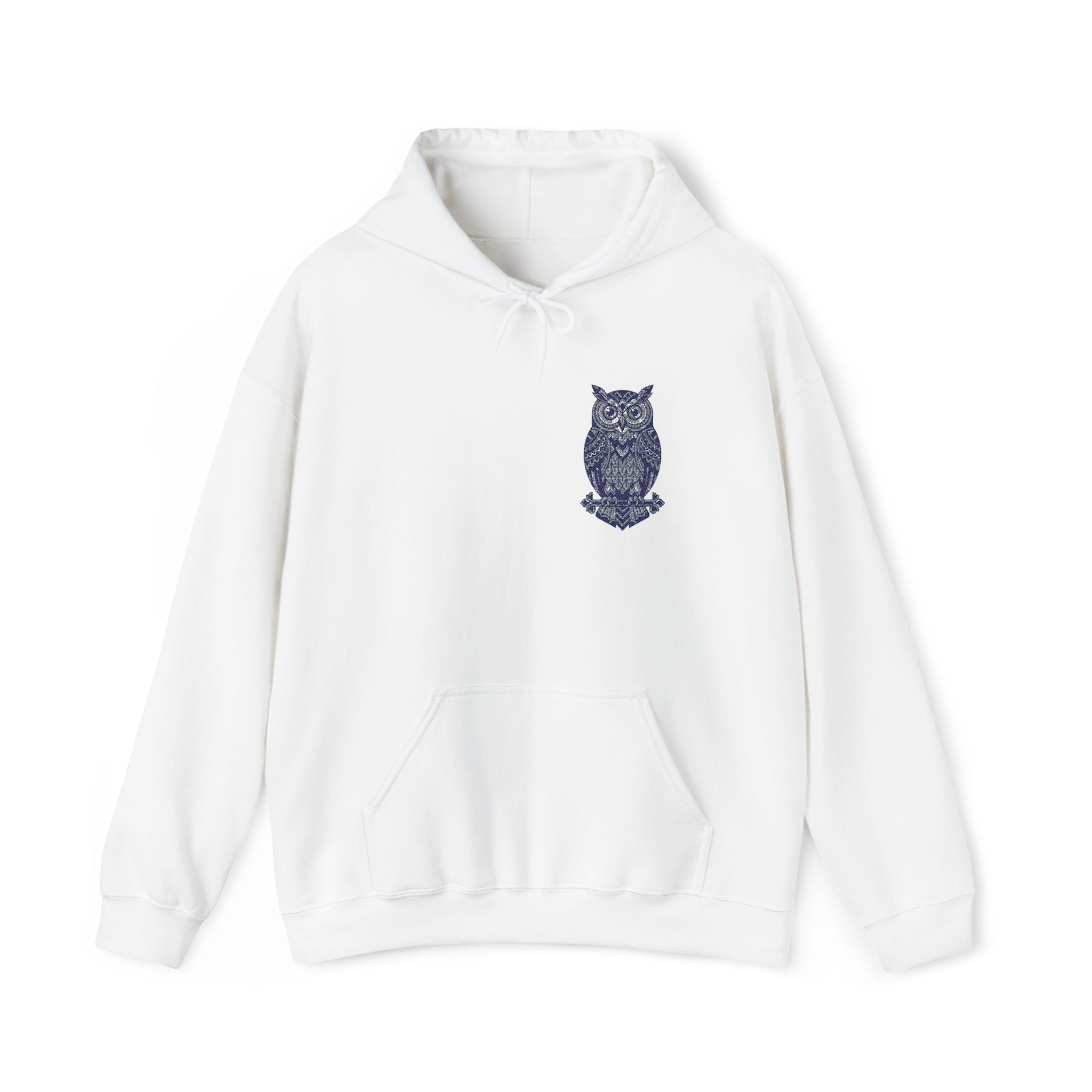 White unisex hoodie with blue owl chest print and front pouch pocket