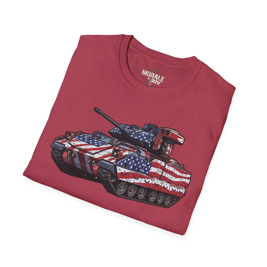 Burgundy tank T-shirt with stars-and-stripes armored vehicle graphic