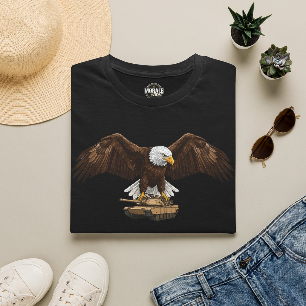 Black crew-neck t-shirt with bald eagle graphic standing on a flag drum