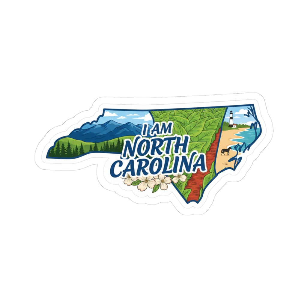 I AM NORTH CAROLINA sticker with state map, mountains, and flowers