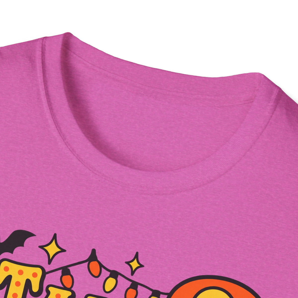 Pink crew-neck T-shirt with partial Halloween ghost graphic and string lights.
