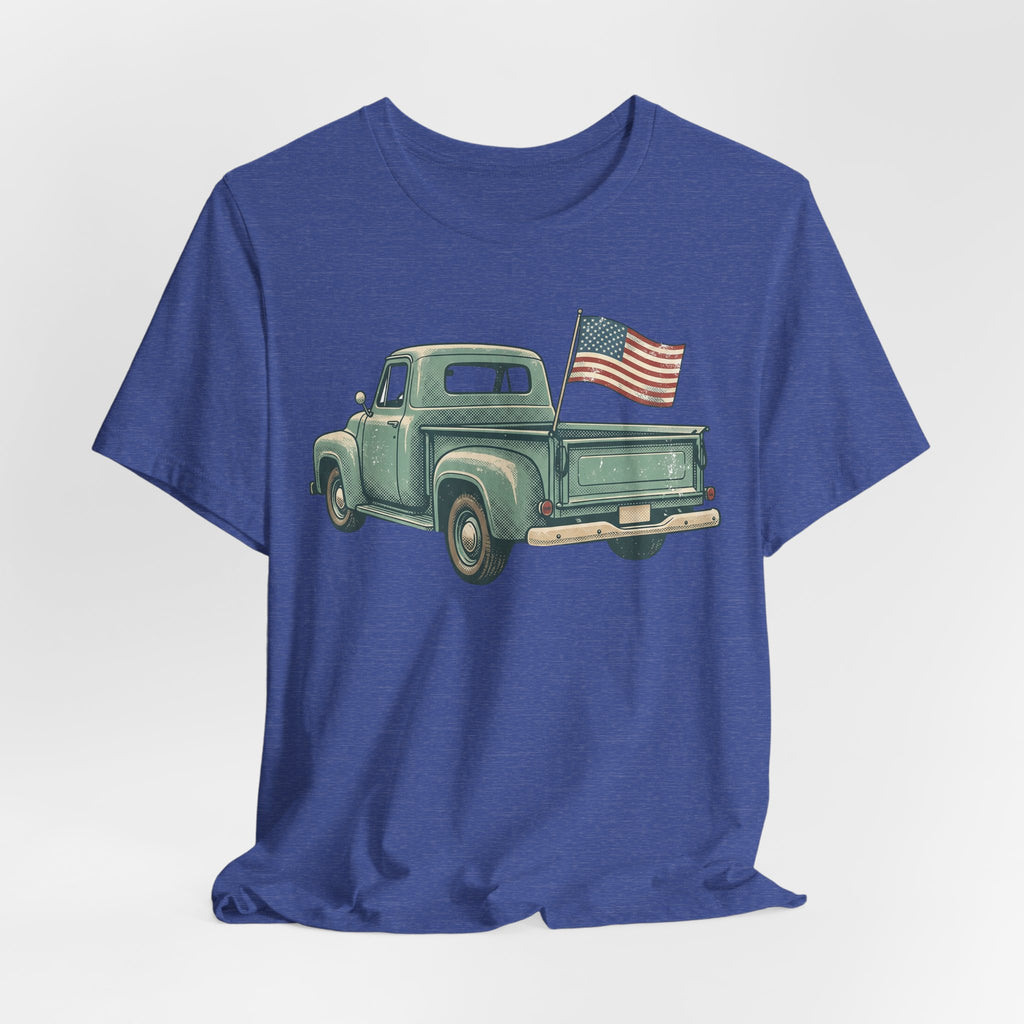 Blue crewneck T-shirt featuring a vintage green pickup truck with an American flag.