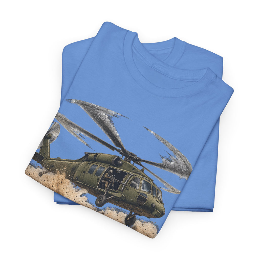 Light blue crew neck t-shirt with helicopter graphic print on front.