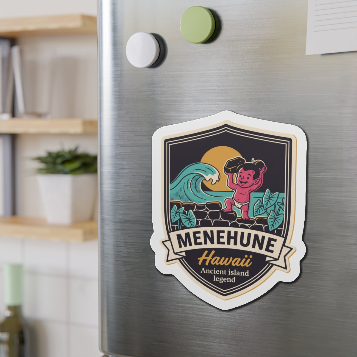 Shield die-cut magnet with dark background art, turtle, child, and cream border