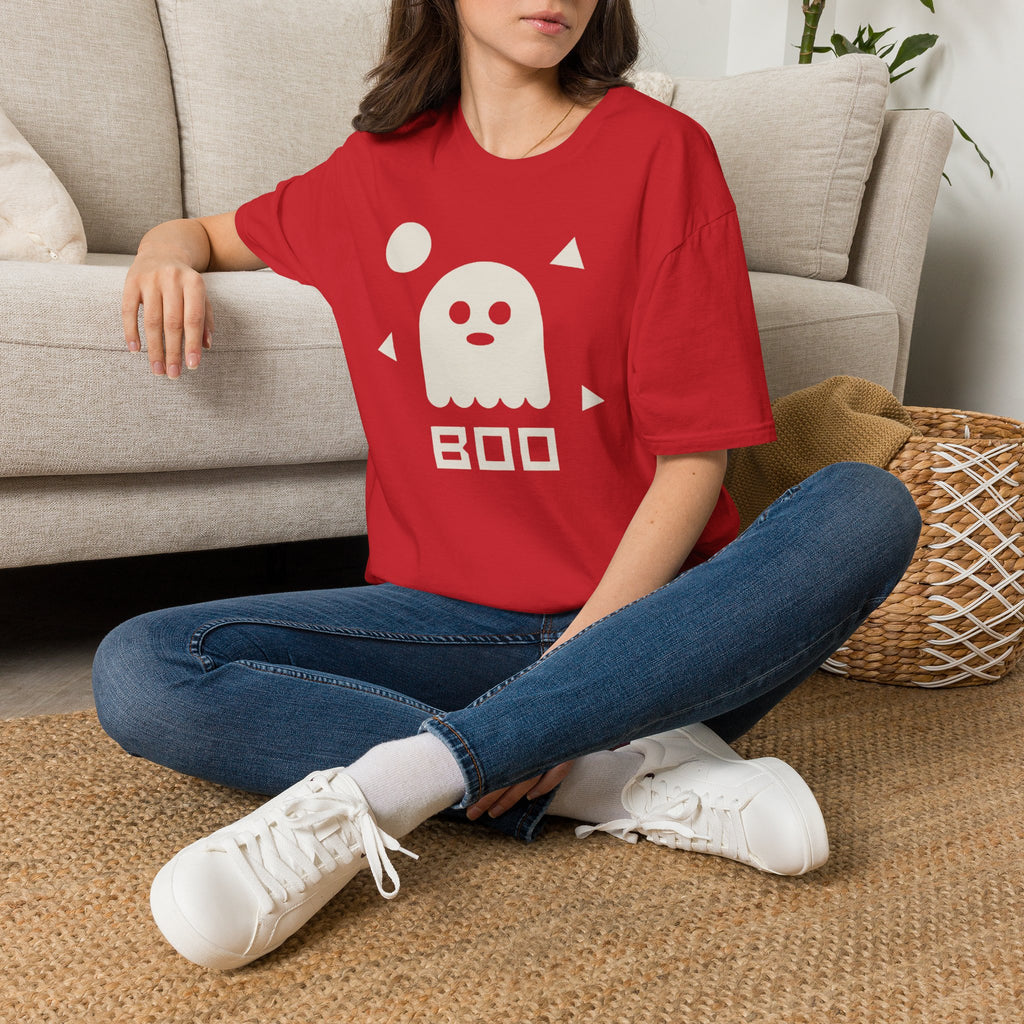 Red unisex crewneck T-shirt with white ghost face and BOO graphic