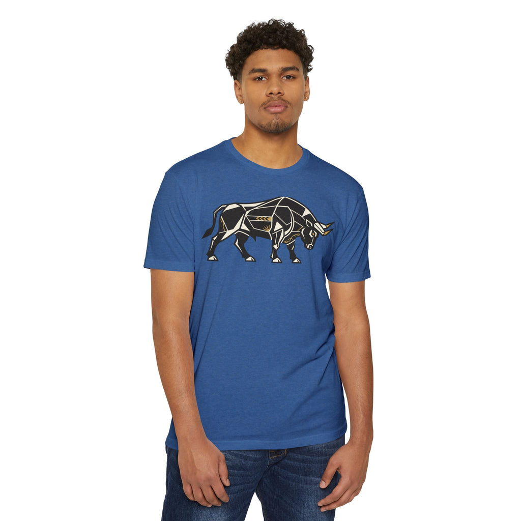Blue bull graphic T-shirt with charging bull illustration on chest