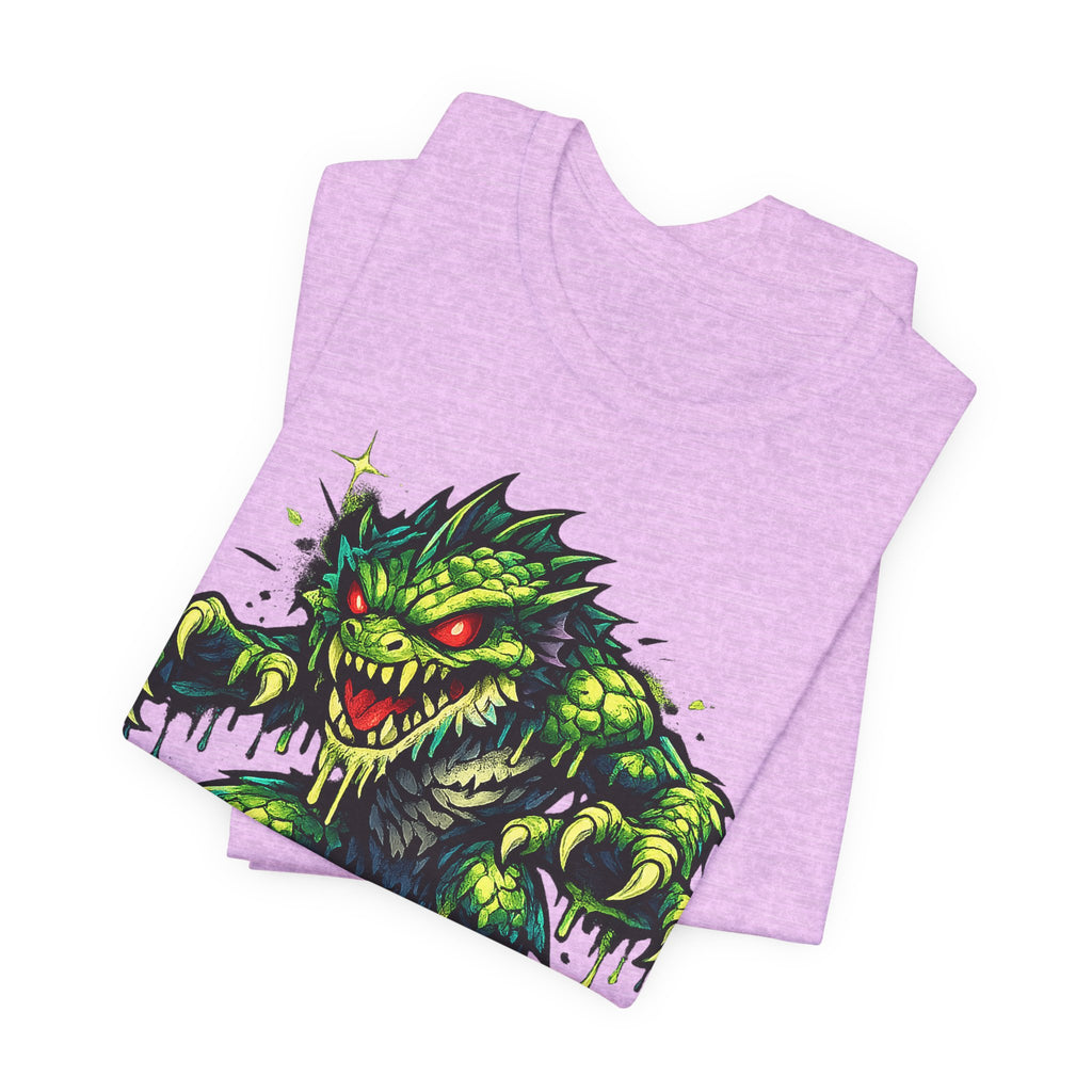 Lavender heather T-shirt with green monster graphic and red eyes on front