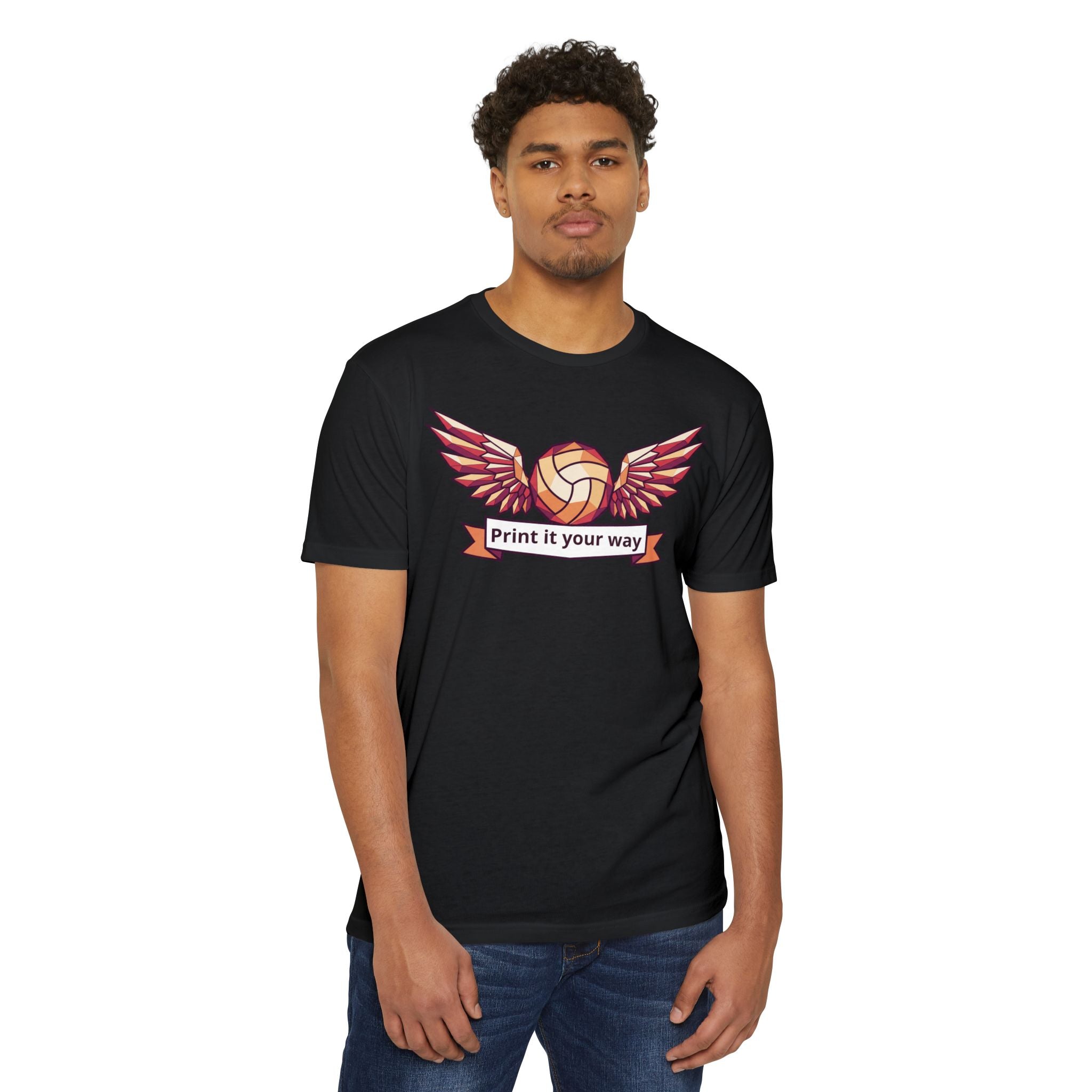 Unisex volleyball T-shirt, black with winged volleyball banner print